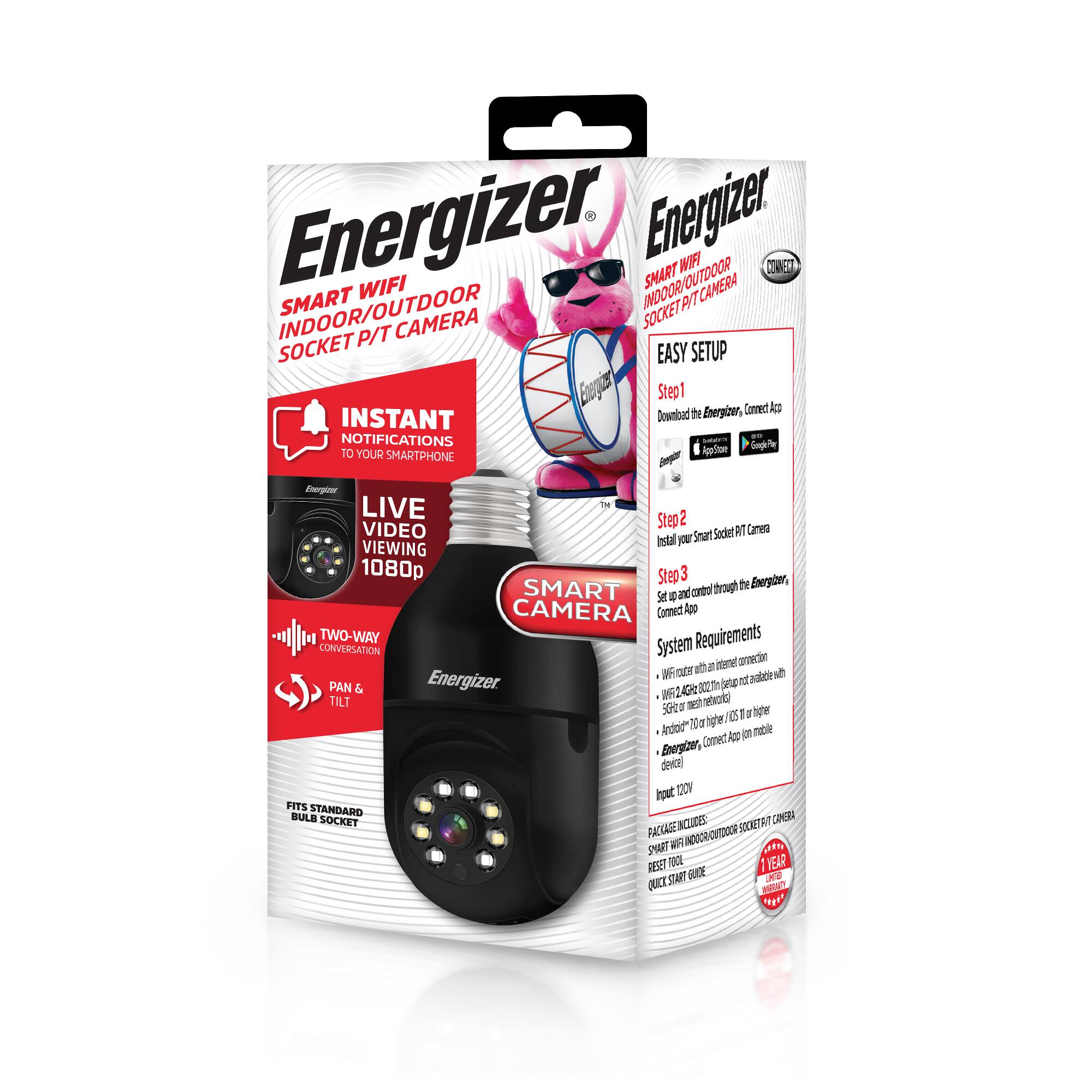 Energizer Smart WiFi Indoor/Outdoor Socket P/T Camera

- Instant Notifications to Your Smartphone
- Live Video Viewing 1080p
- Two-Way Conversation
- Pan & Tilt
- Fits Standard Bulb Socket

Easy Setup:
1. Download the Energizer Connect App (App Store, Google Play)
2. Install your Smart Socket P/T Camera
3. Set up and control through the Energizer Connect App

System Requirements:
- WiFi router with an internet connection
- 5GHz or 2.4GHz network
- Android 10.0 or higher / iOS 12.0 or higher mobile device
- Input: 100V

Package Includes:
- Smart WiFi Indoor/Outdoor Socket P/T Camera
- Best Tool
- Quick Start Guide

1 Year Warranty