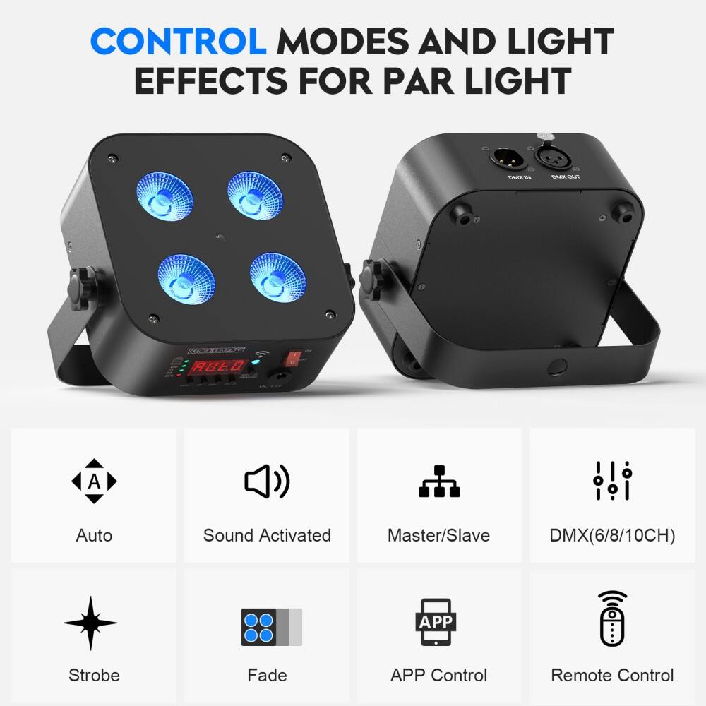 CONTROL MODES AND LIGHT EFFECTS FOR PAR LIGHT

- Auto
- Sound Activated
- Master/Slave
- DMX(6/8/10CH)
- Strobe
- Fade
- APP Control
- Remote Control