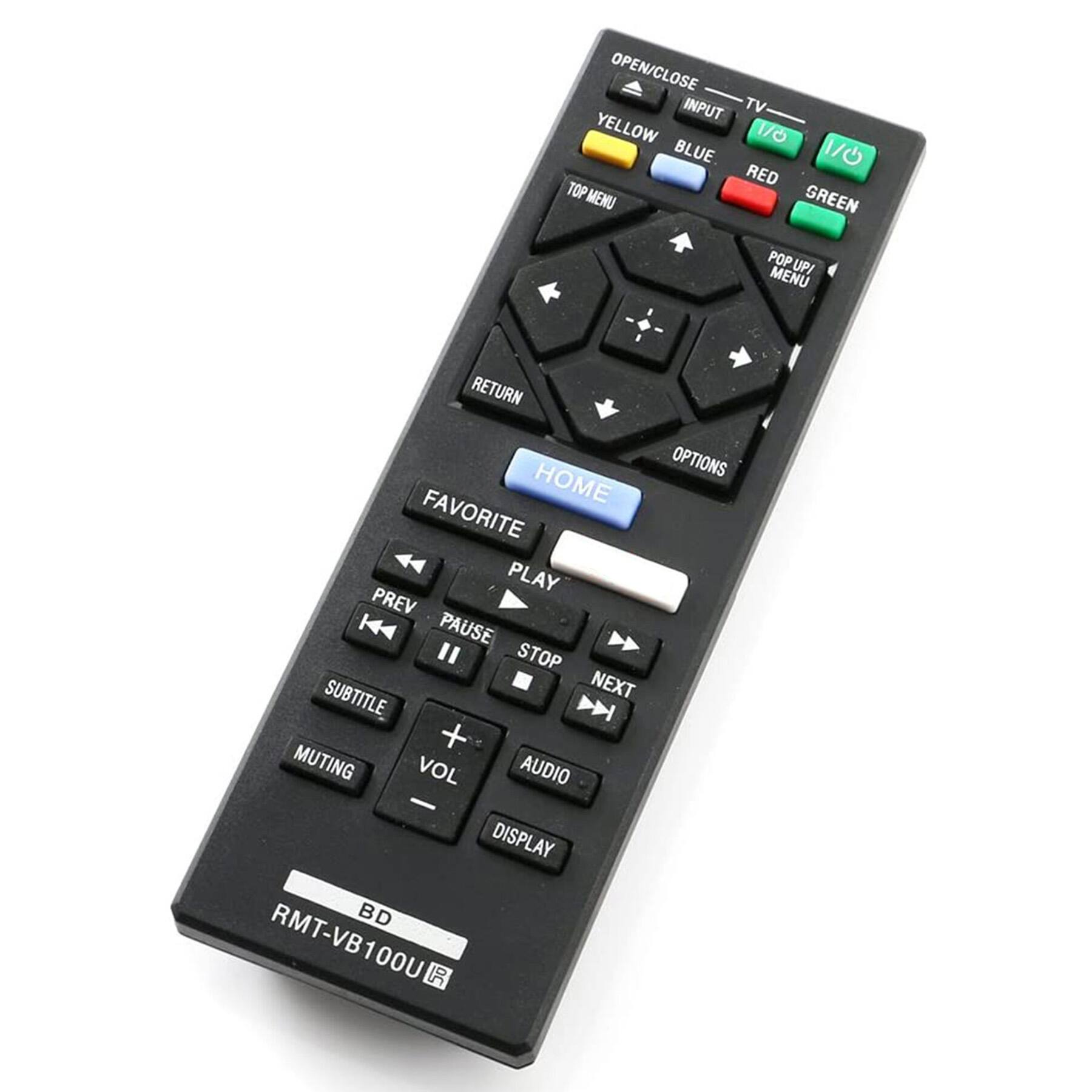 OPEN/CLOSE  
INPUT  
TV  
YELLOW 1/0  
BLUE 1/0  
RED  
TOP MENU  
GREEN  
POP UP/MENU  
RETURN  
OPTIONS  
HOME  
FAVORITE  
PLAY  
PREV  
PAUSE  
STOP  
SUBTITLE  
NEXT  
MUTING  
VOL  
AUDIO  
DISPLAY  
BD  
RMT-VB100U