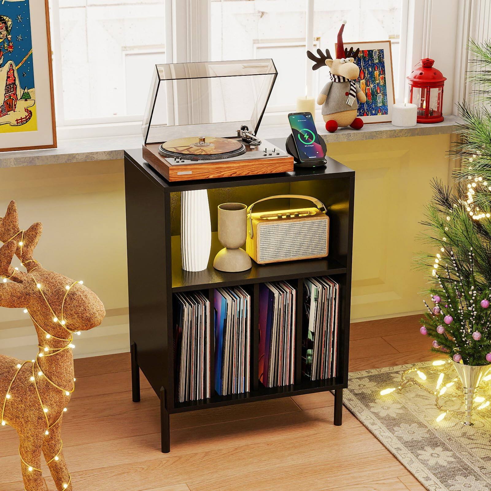 Alt View 1. Ecooso - Record Player Stand with LED Light and Charging Station, Turntable Table with Outlets - Black.