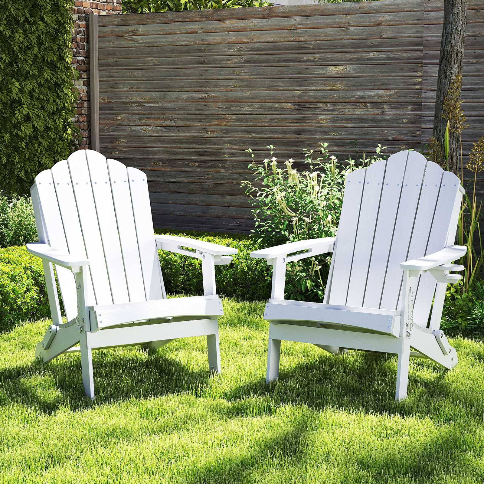 Gymax - Patio Folding Adirondack Chair Weather Resistant Cup Holder Yard - White