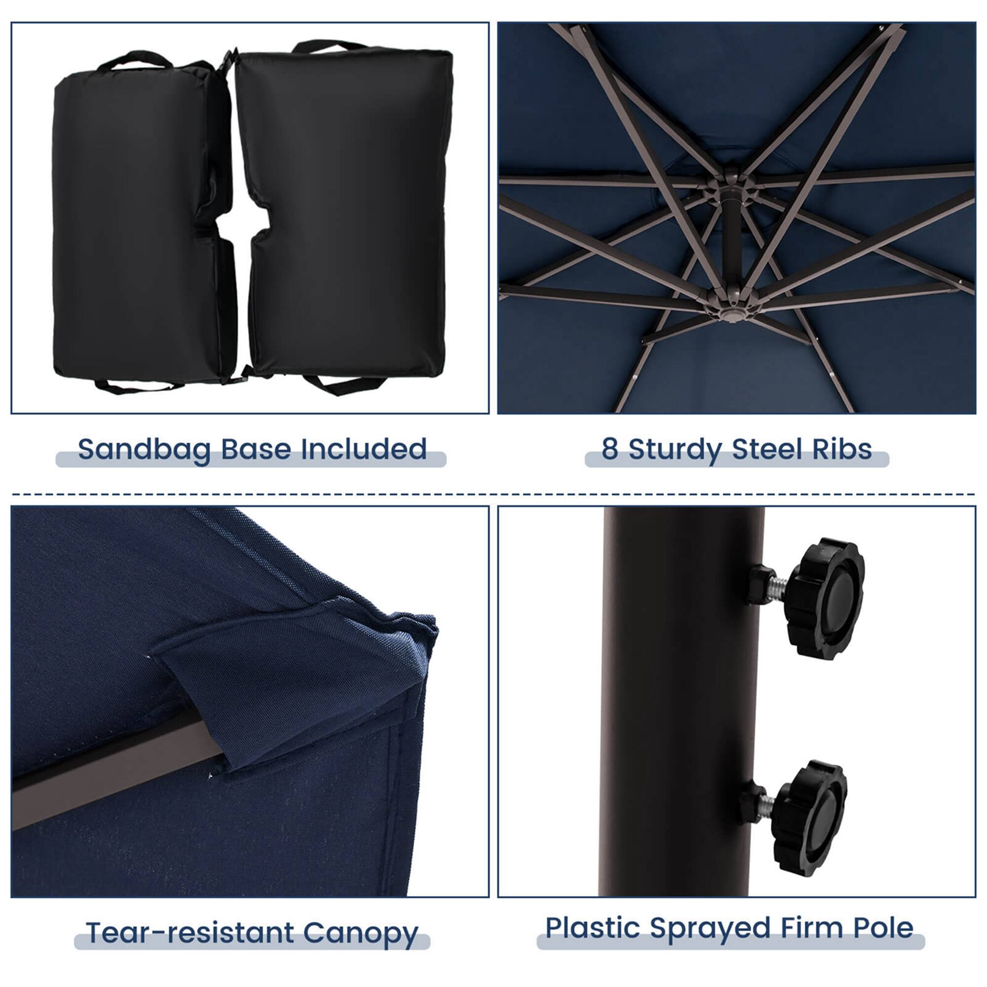 The image features a blue umbrella with a sandbag base included, along with eight sturdy steel ribs for added support. The canopy is made of tear-resistant material, and the pole is made of plastic that has been sprayed for a firm grip.