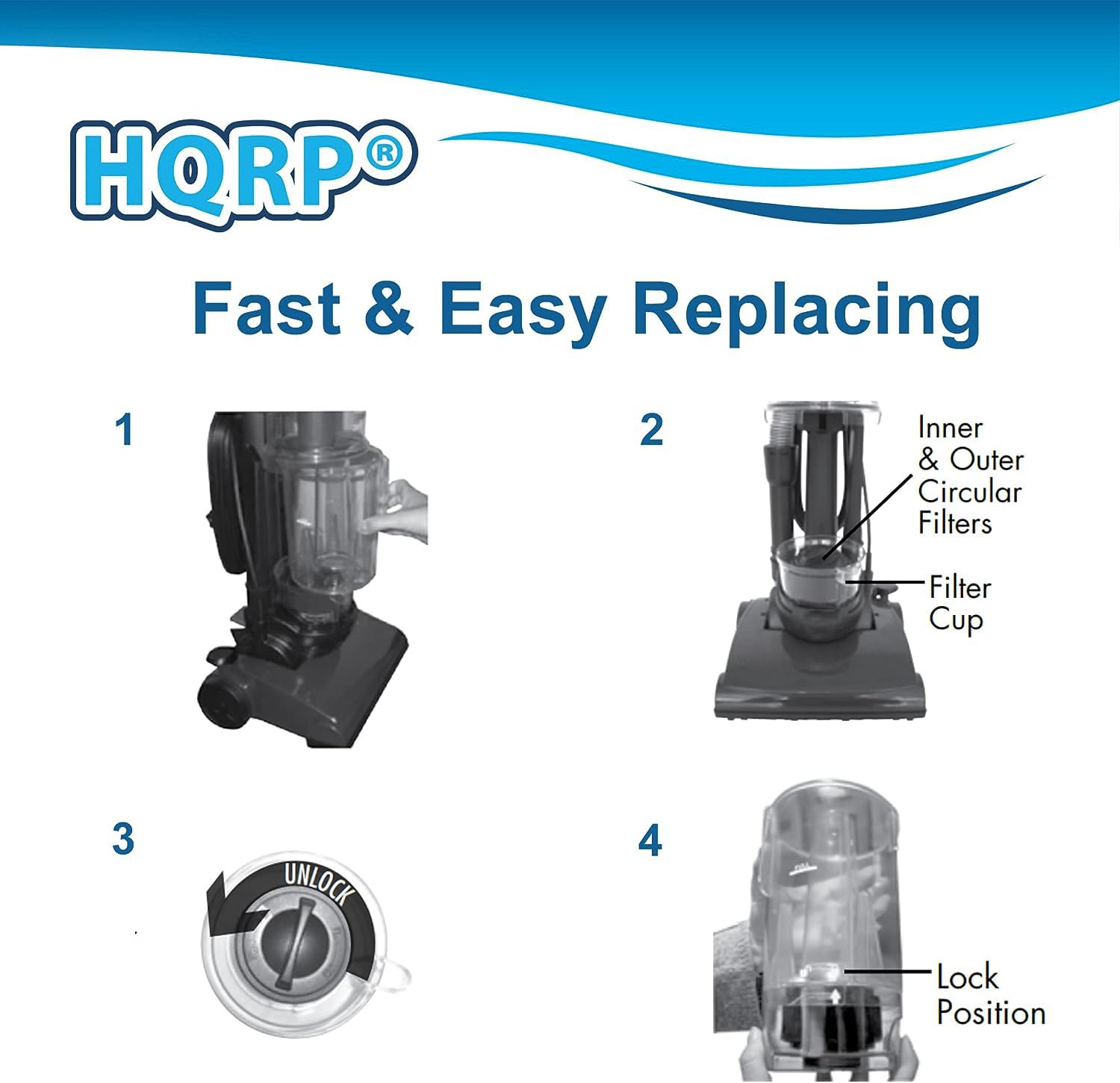 HQRP® Fast & Easy Replacing

1. Inner & Outer Circular Filters
2. Filter Cup
3. Unlock
4. Lock Position