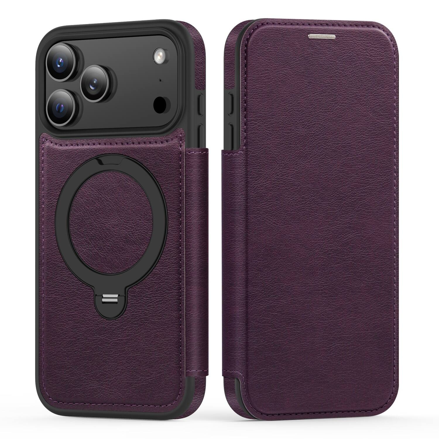 Angle. Dteck - For Apple iPhone 17 Pro Max Shockproof Leather RFID Blocking Card Slots Full Protection Mag Safe Case RIng Kickstand - Purple.