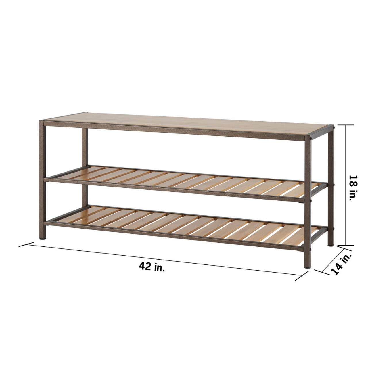 The text on the image reads "18 in. 42 in. 14 in." which indicates the dimensions of the wooden shelf. The shelf is 18 inches wide, 42 inches long, and 14 inches tall.