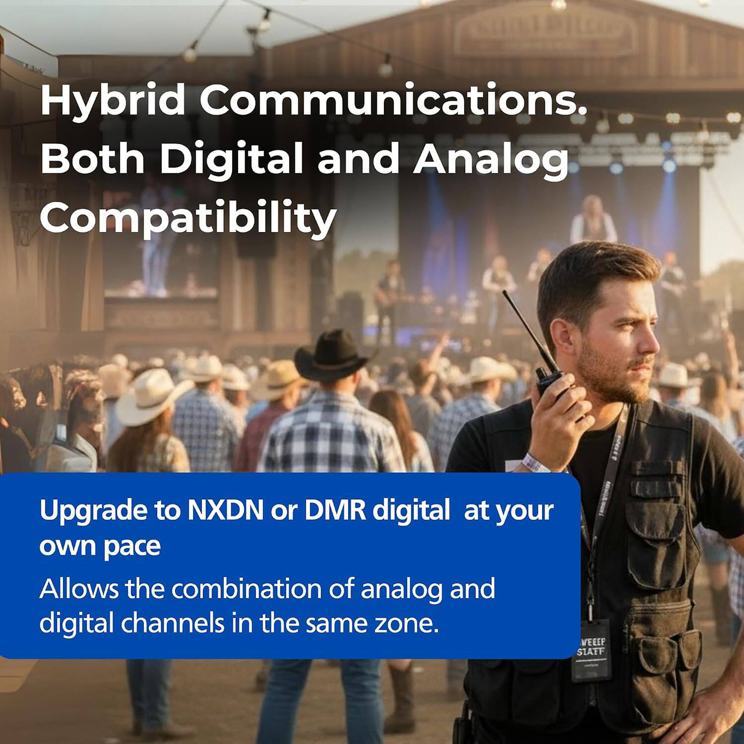 Hybrid Communications. Both Digital and Analog Compatibility

Upgrade to NXDN or DMR digital at your own pace

Allows the combination of analog and digital channels in the same zone.