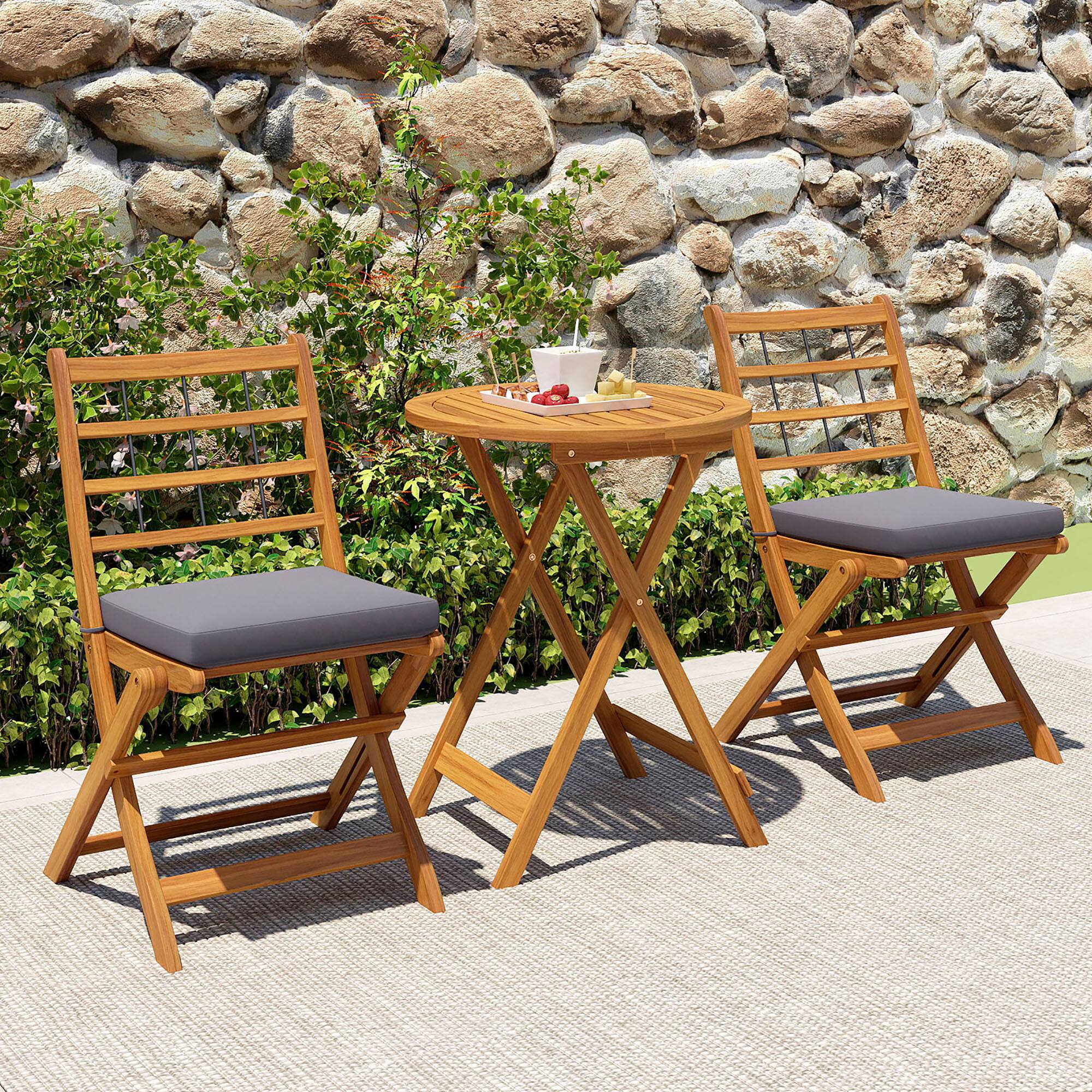 Alt View 1. Gymax - Gymax 3 PCS Acacia Wood Patio Bistro Set Folding Table & Chairs Set w/ Cushions - Gray.