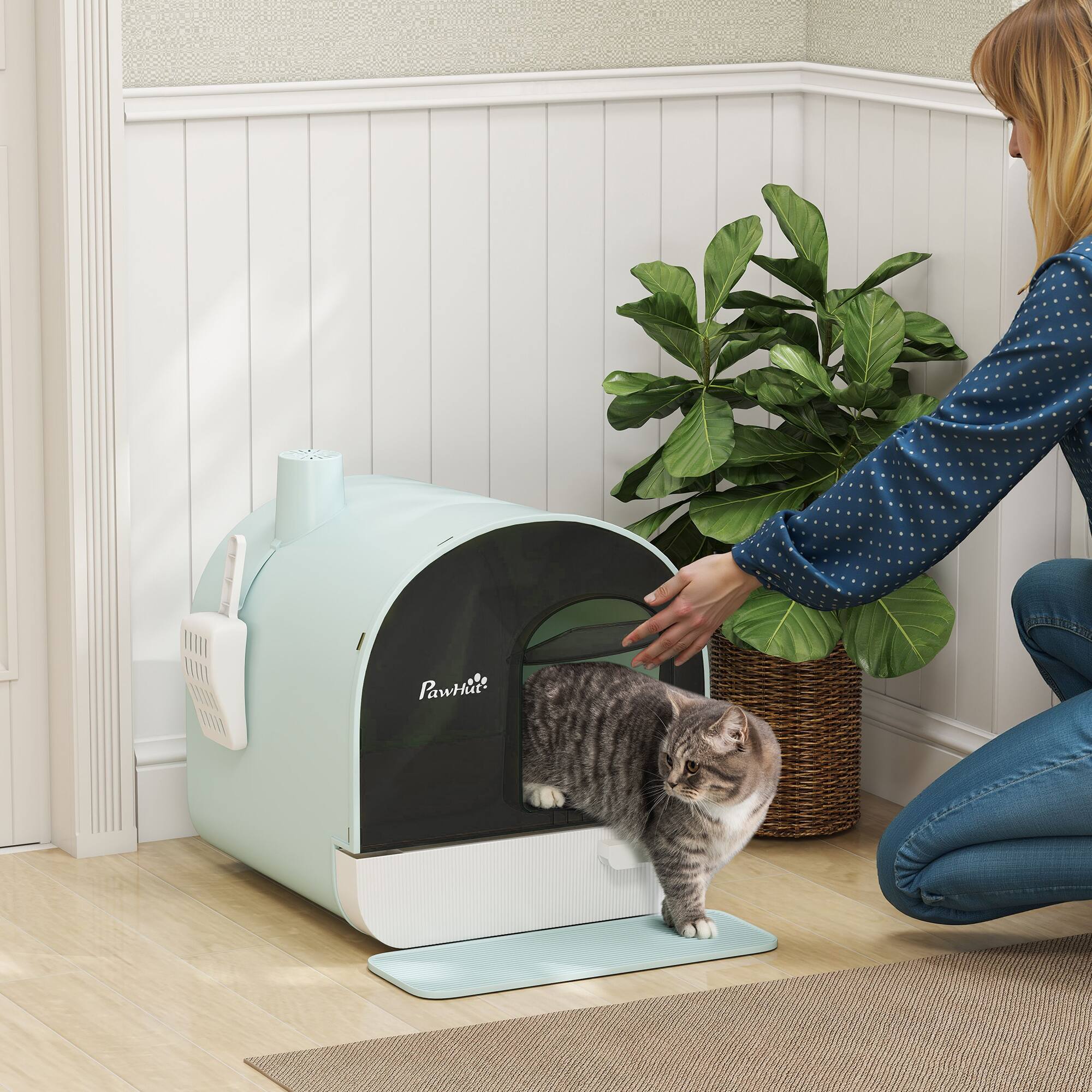 Angle. Pawhut - Cat Litter Box with Lid, Covered Litter Box for Indoor Cats with Tray, Scoop, Filter, 17" x 17" x 18.5" - Green.