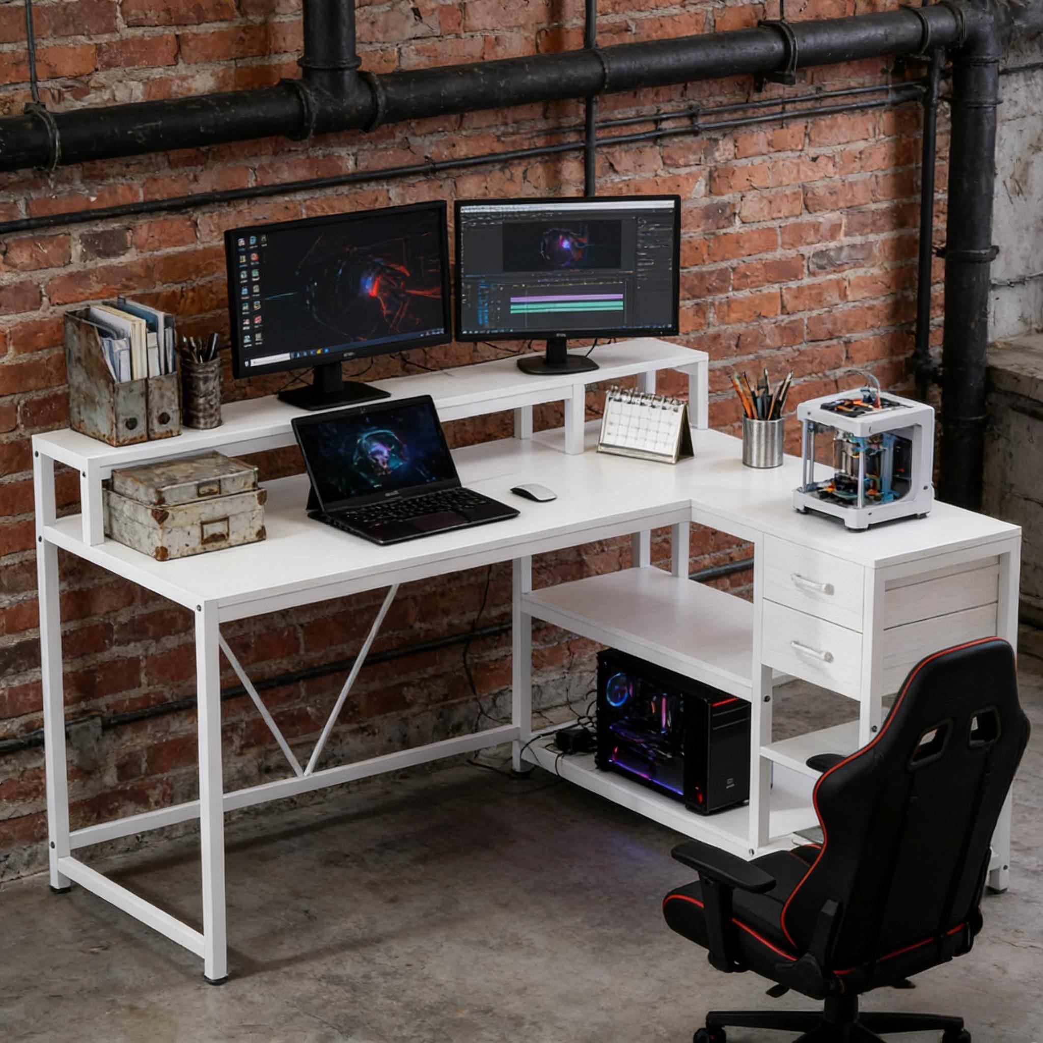 Alt View 2. Forest'nSky - Reversible L-Shaped Office Desk with Spacious Workstation for Computers - White.