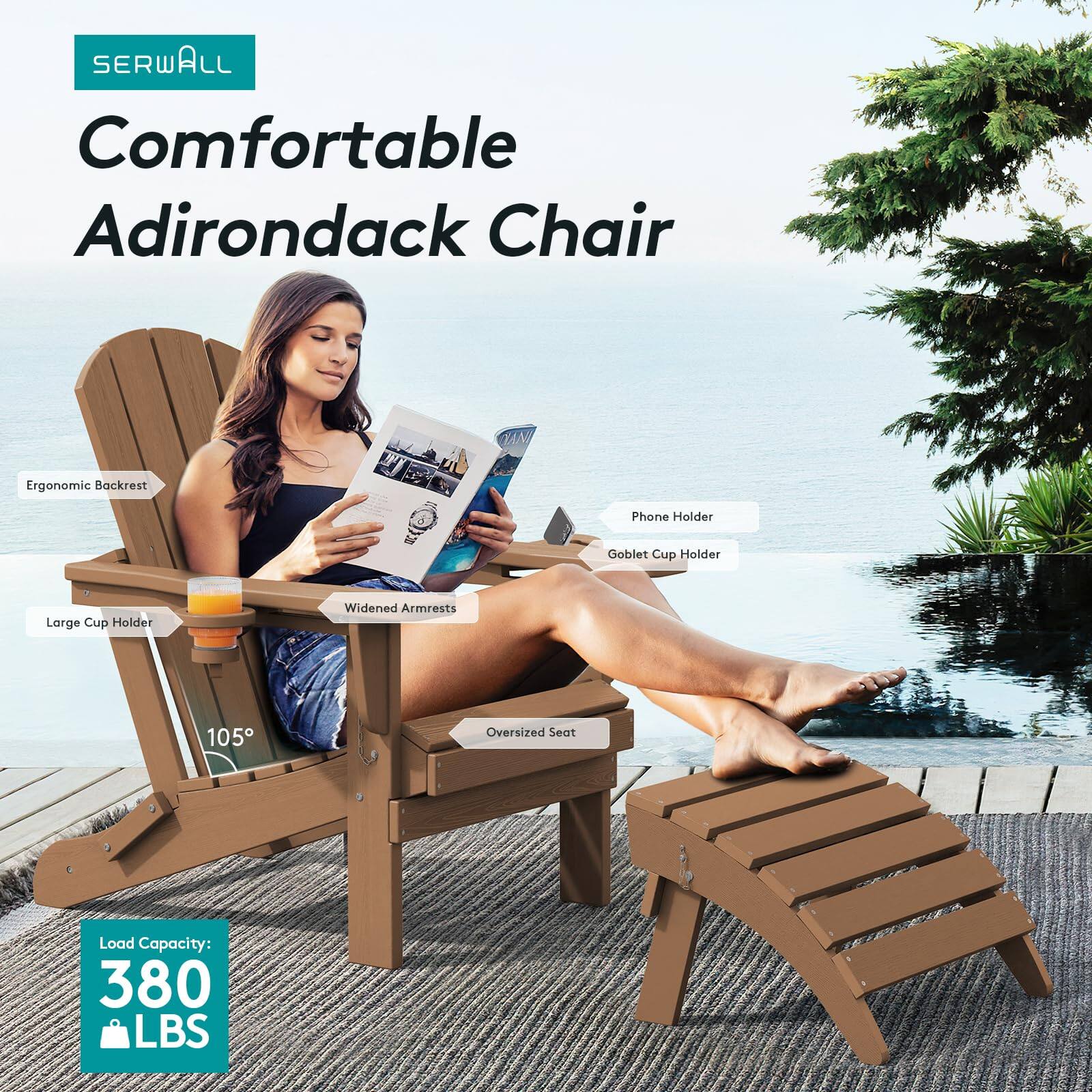 SERWALL Comfortable Adirondack Chair Ergonomic Backrest Phone Holder Goblet Cup Holder Large Cup Holder Widened Armrests 105 Oversized Seat Load Capacity: 380 LBS