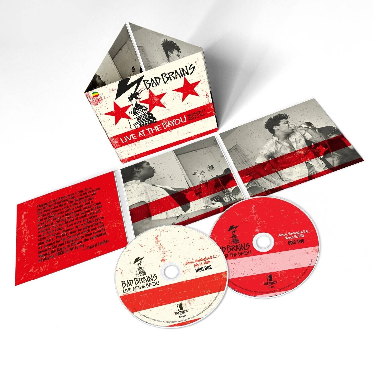 BAD BRAINS LIVE AT THE BAYOU

DISC ONE
Bayou Washington, D.C.
July 14, 1981

DISC TWO
Bayou Washington, D.C.
March 15, 1981

BAD BRAINS LIVE AT THE BAYOU

Please note that the text on the image is partially obscured and some parts are not fully legible.