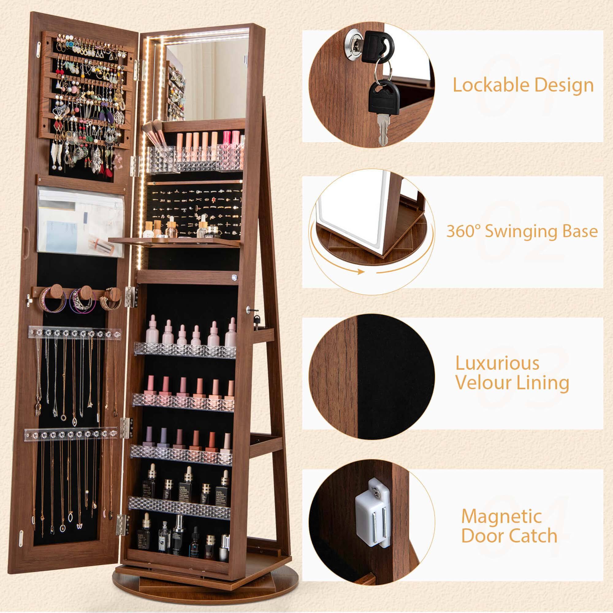Lockable Design, 360 Swinging Base, Luxurious Velour Lining, Magnetic Door Catch.