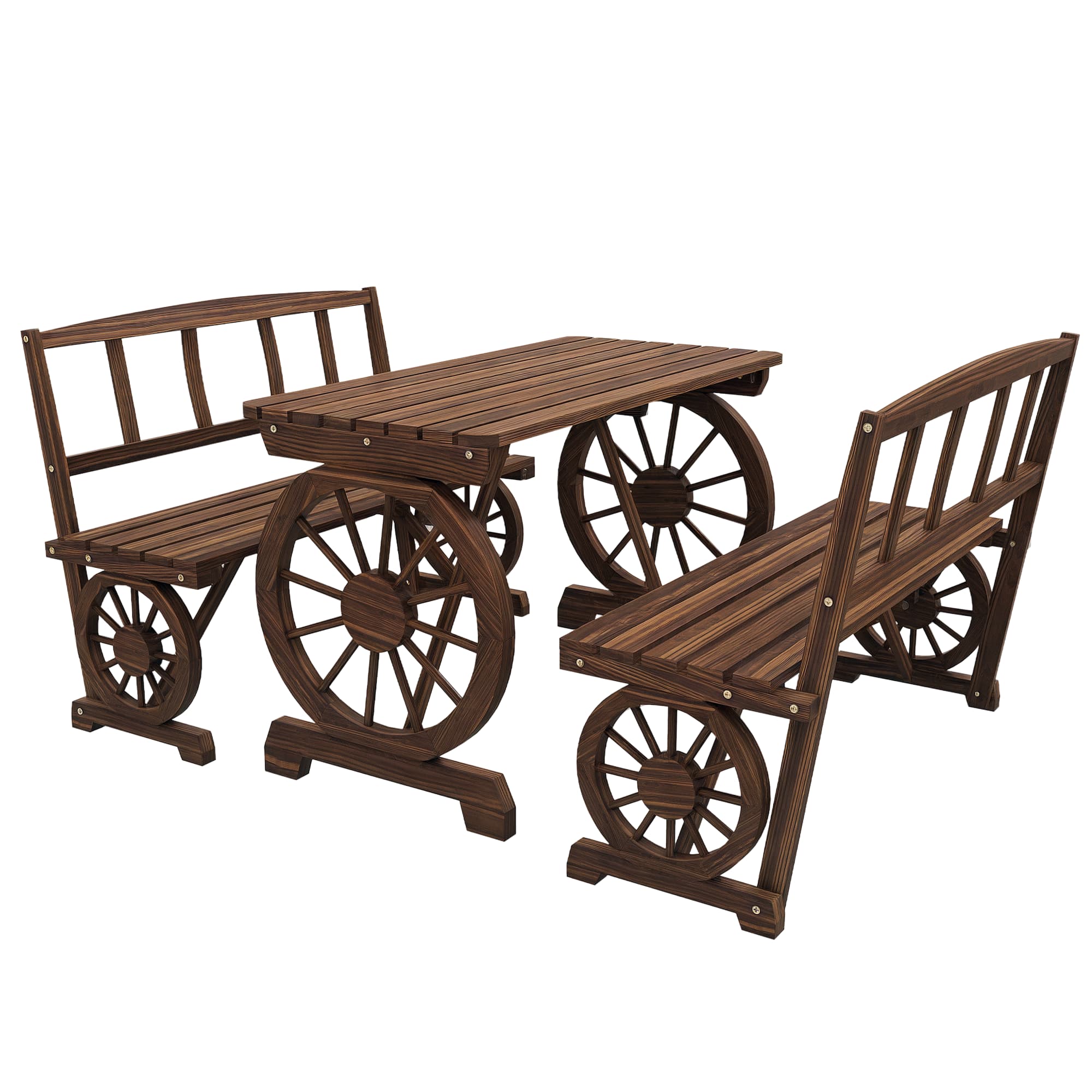 Outsunny - Table and Chairs for 4 People, Wagon Wheel Design, Outdoor Furniture Set for Backyard - Carbonised finish