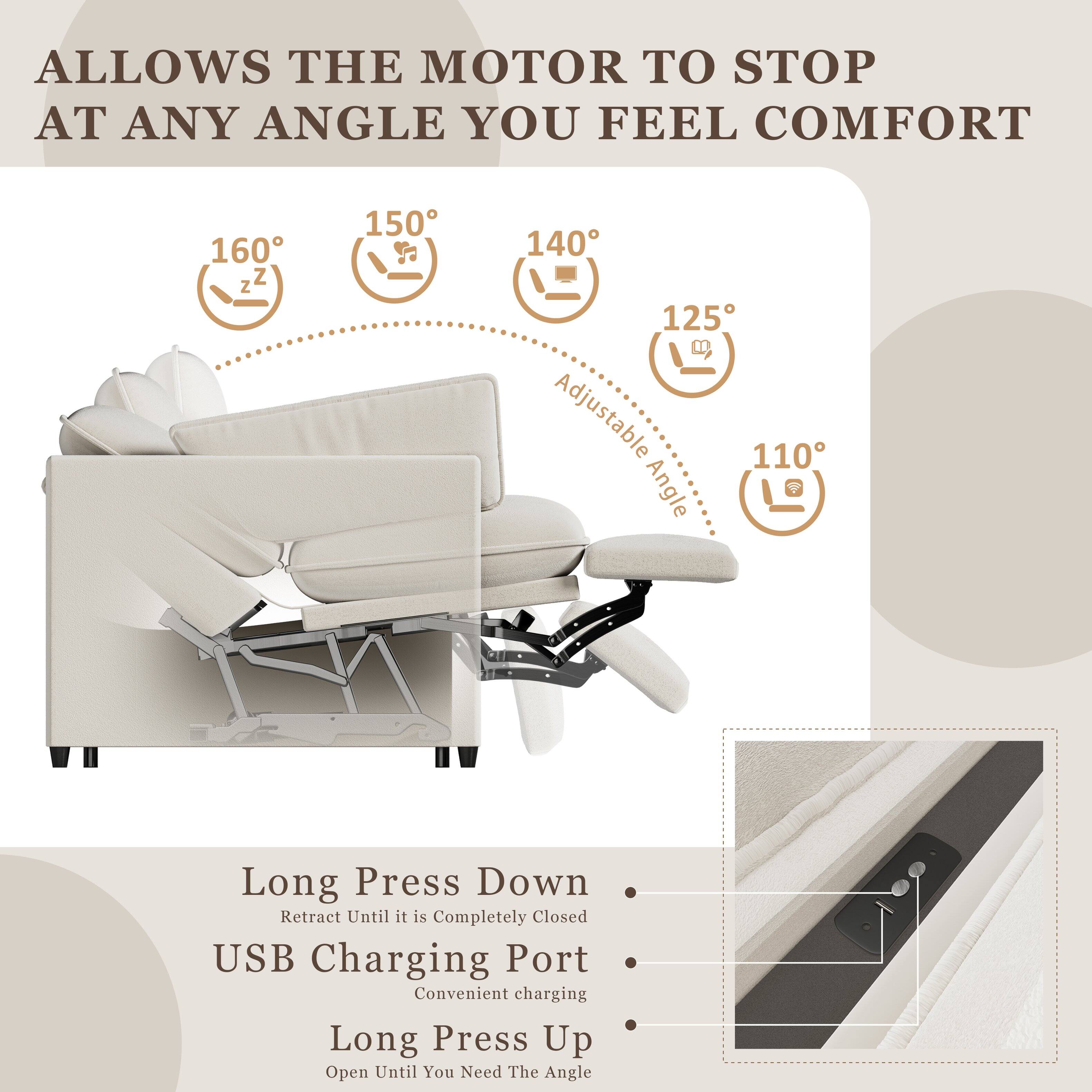 ALLOWS THE MOTOR TO STOP AT ANY ANGLE YOU FEEL COMFORT

160°  
150°  
140°  
125°  
110°  
Adjustable Angle

Long Press Down  
Retract Until it is Completely Closed

USB Charging Port  
Convenient charging

Long Press Up  
Open Until You Need The Angle