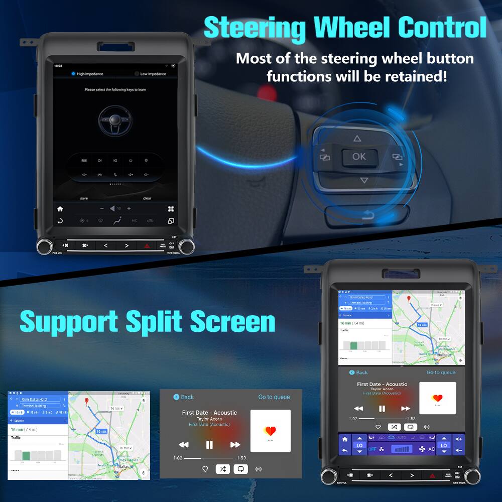 Steering Wheel Control  
Most of the steering wheel button functions will be retained!

Support Split Screen

Go to queue

First Date - Acoustic  
Taylor Acorn  
First Date (Acoustic)  
1:02 / 1:53