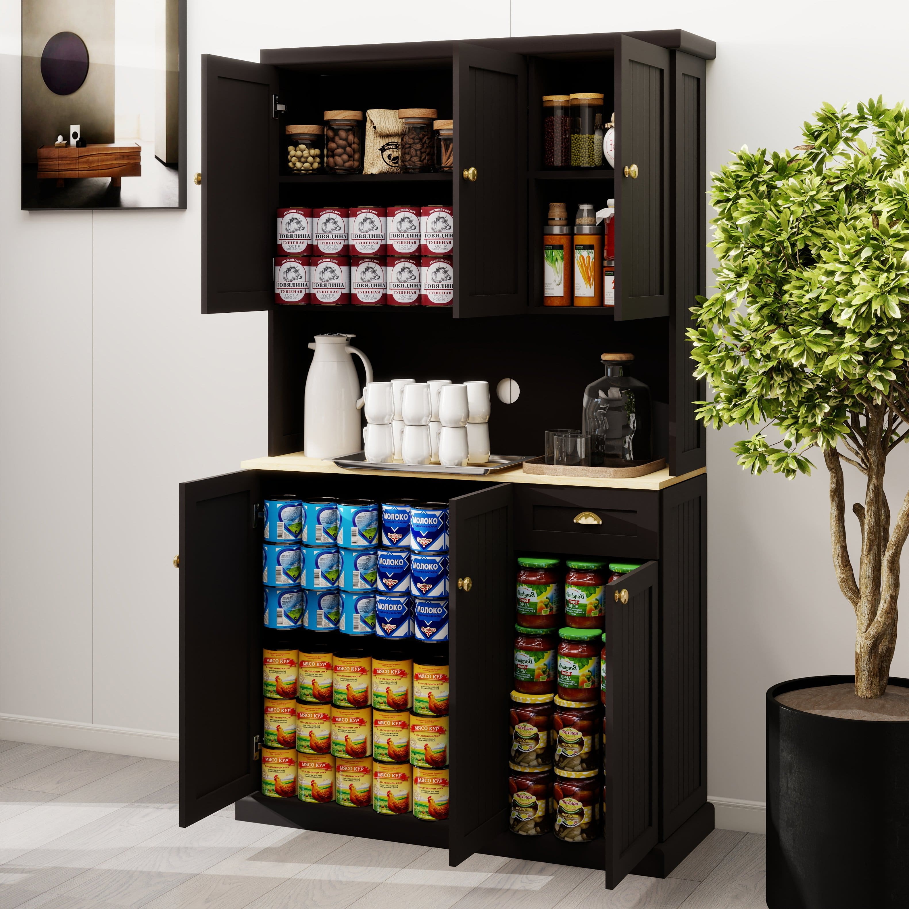 Spaco - 71" Kitchen Pantry, Buffet with Microwave Shelf, Adjustable Shelves Storage Cabinet, 6 Door 1 Drawer Hutch - Black
