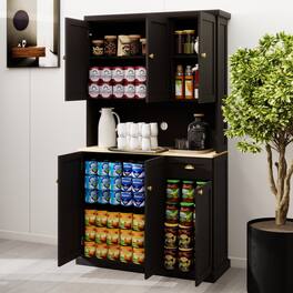Spaco - 71" Kitchen Pantry, Buffet with Microwave Shelf, Adjustable Shelves Storage Cabinet, 6 Door 1 Drawer Hutch - Black