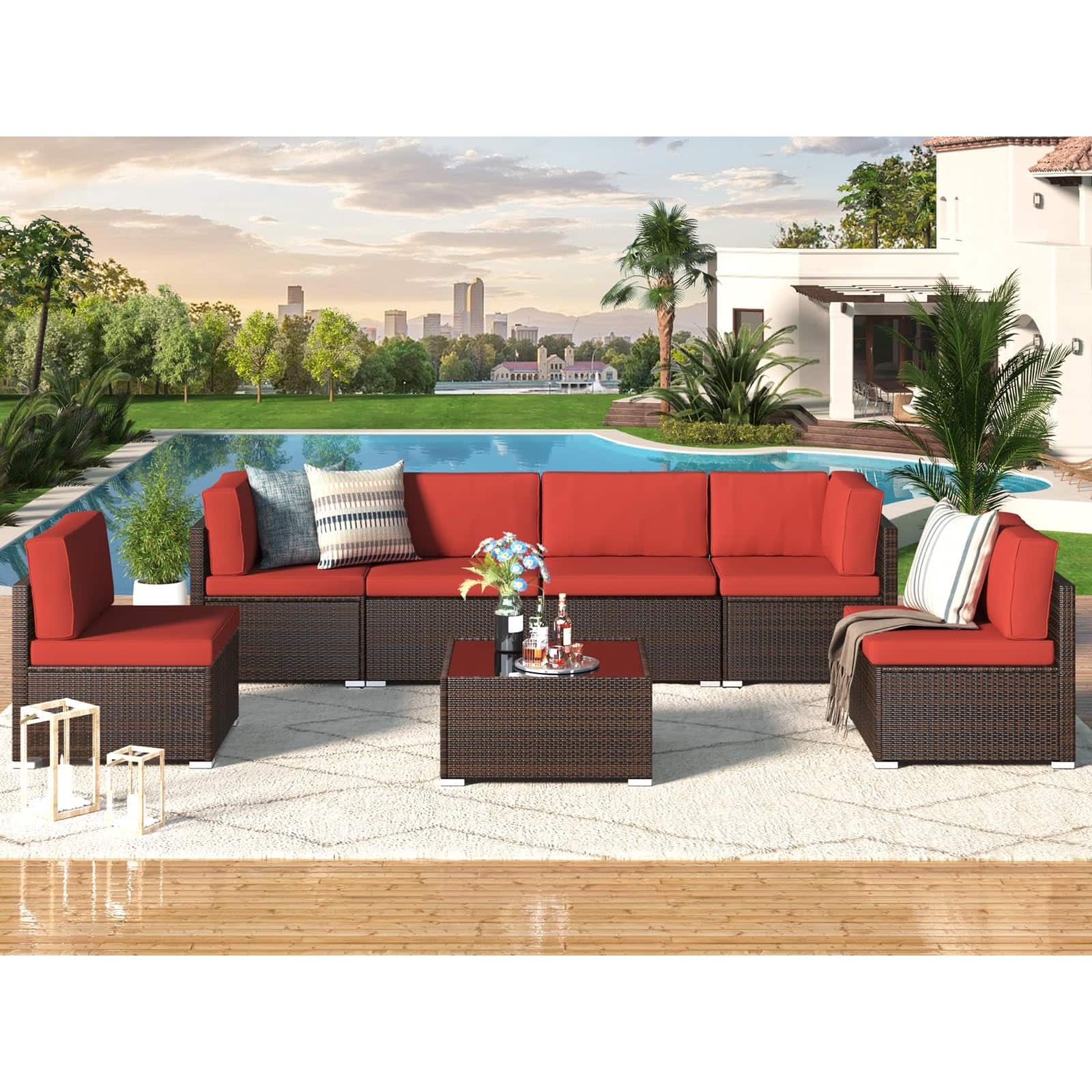 Front. Mondawe - 7-Piece Rattan Sofa Set with Polyester Cushions - Brown+Red.