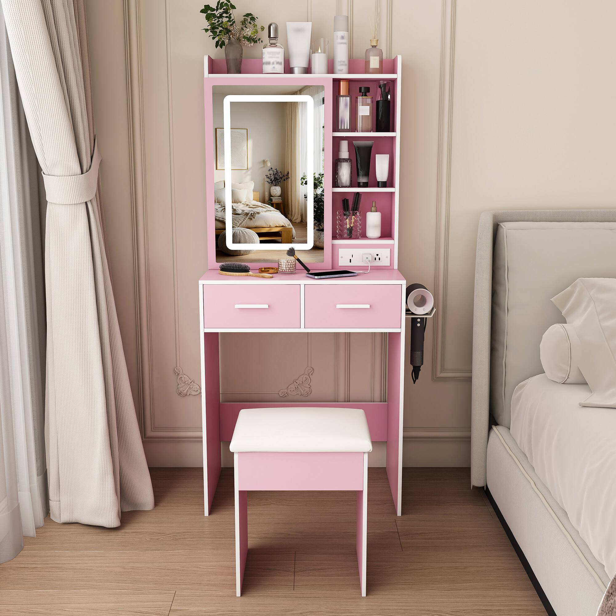 Angle. Z-Edge - Makeup Vanity Desk with Mirror, LED Lights, Vanity Table with 2 Drawers, Padded Stool, Shelf, Dressing Table for Bedroom - Pink.