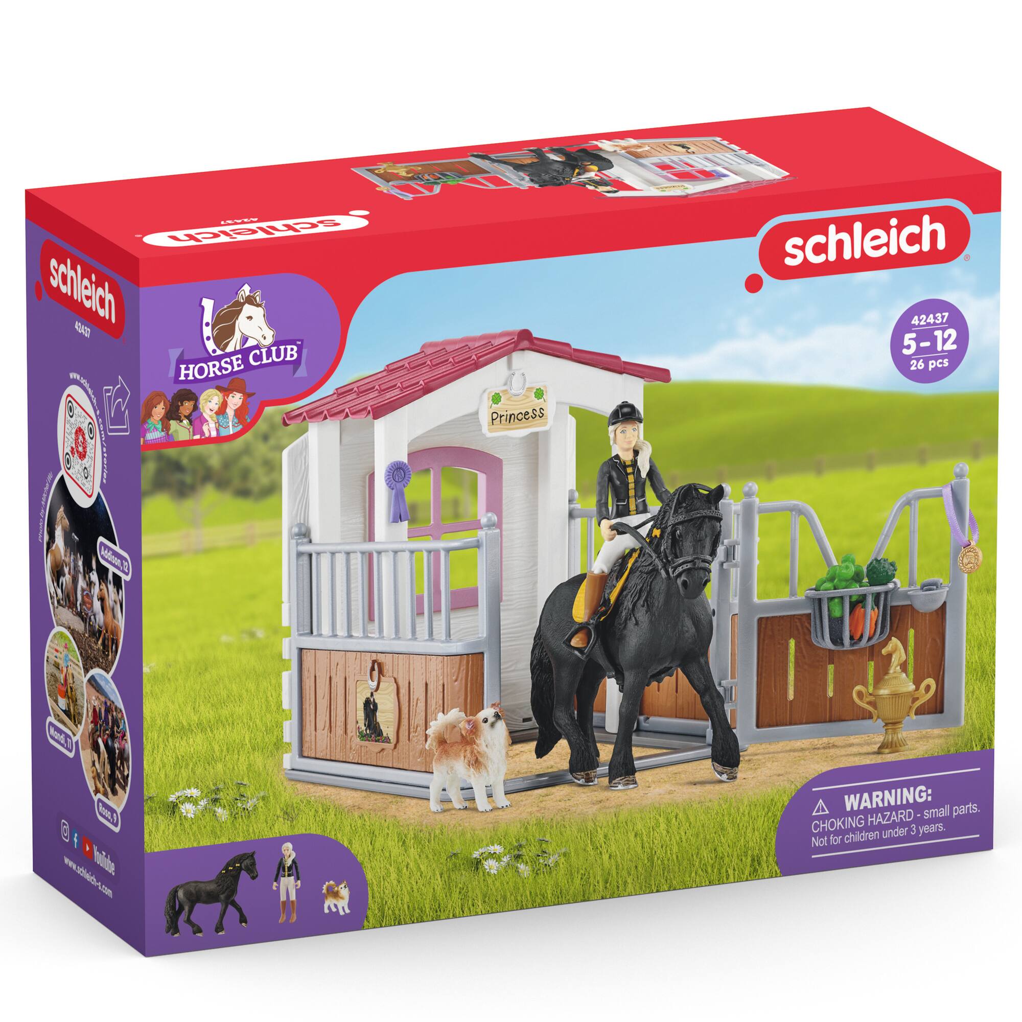 Schleich Horse Club Playset with 26 Pieces, 1-4 Horses, and 120-piece accessories. Warning: Small parts. Choking hazard. Not for children under 3 years.