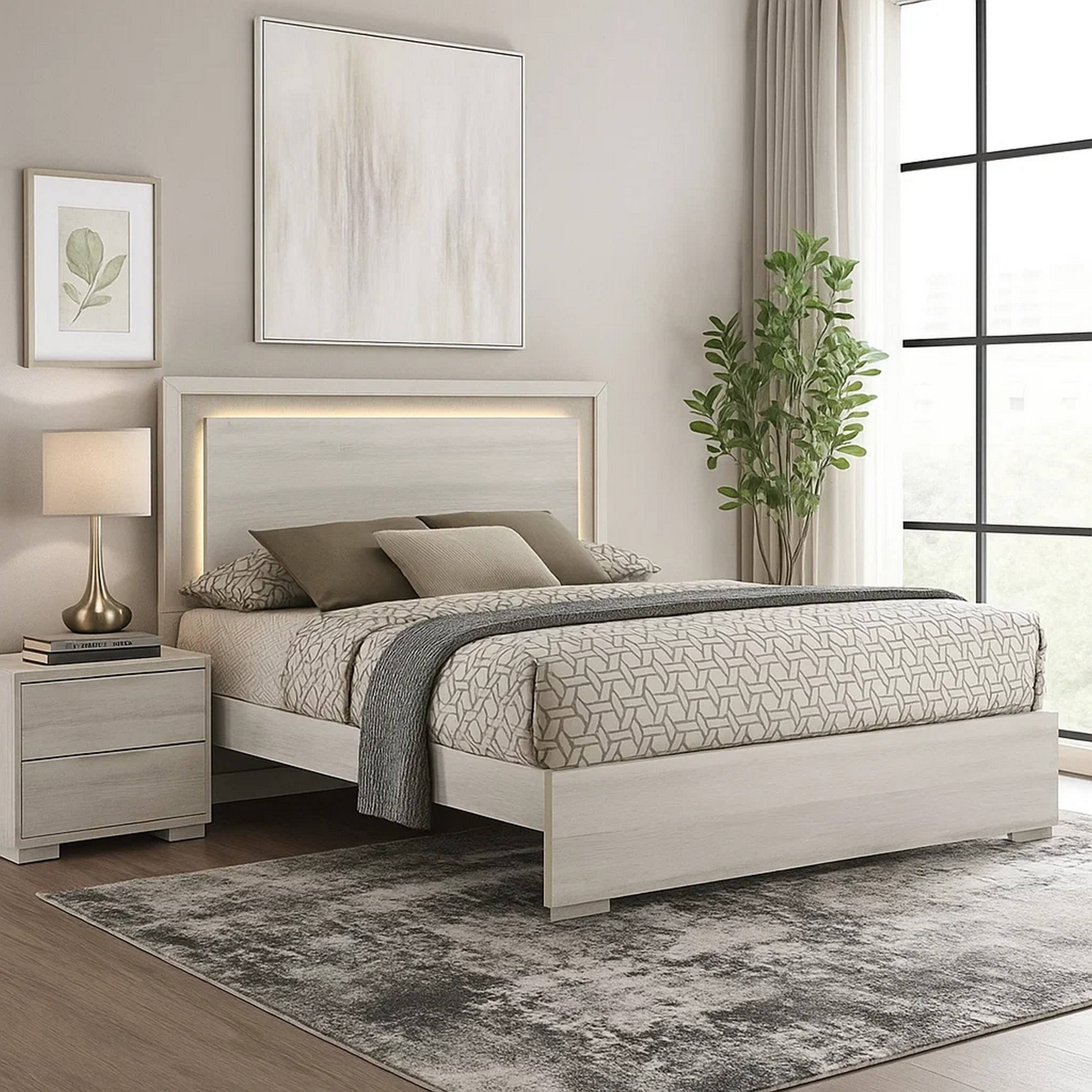 Alt View 5. Manhattan Lane - Nomi Queen Size Bed w LED on Headboard, Antique White Wash Finsih - White Wash, Stone Gray.