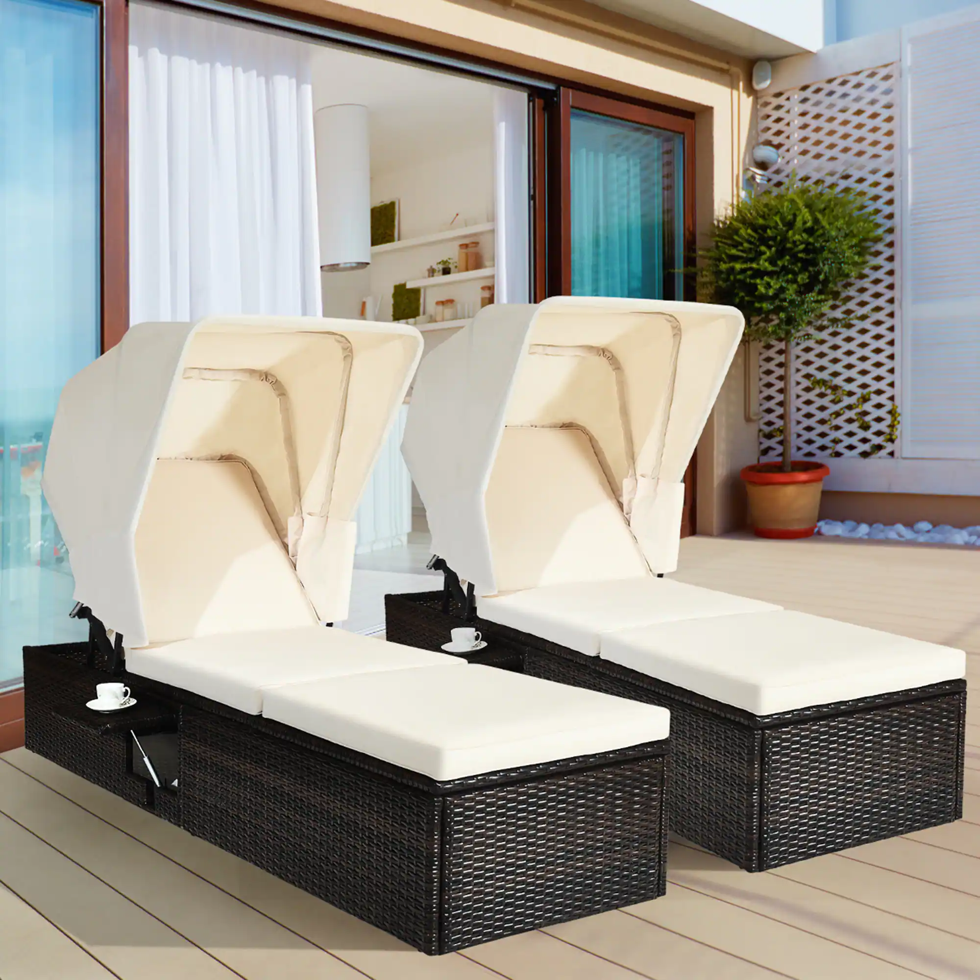 Front. Gymax - Gymax 2pcs Rattan Lounge Cushioned Chair W/Adjustable Canopy Patio - Off-White.