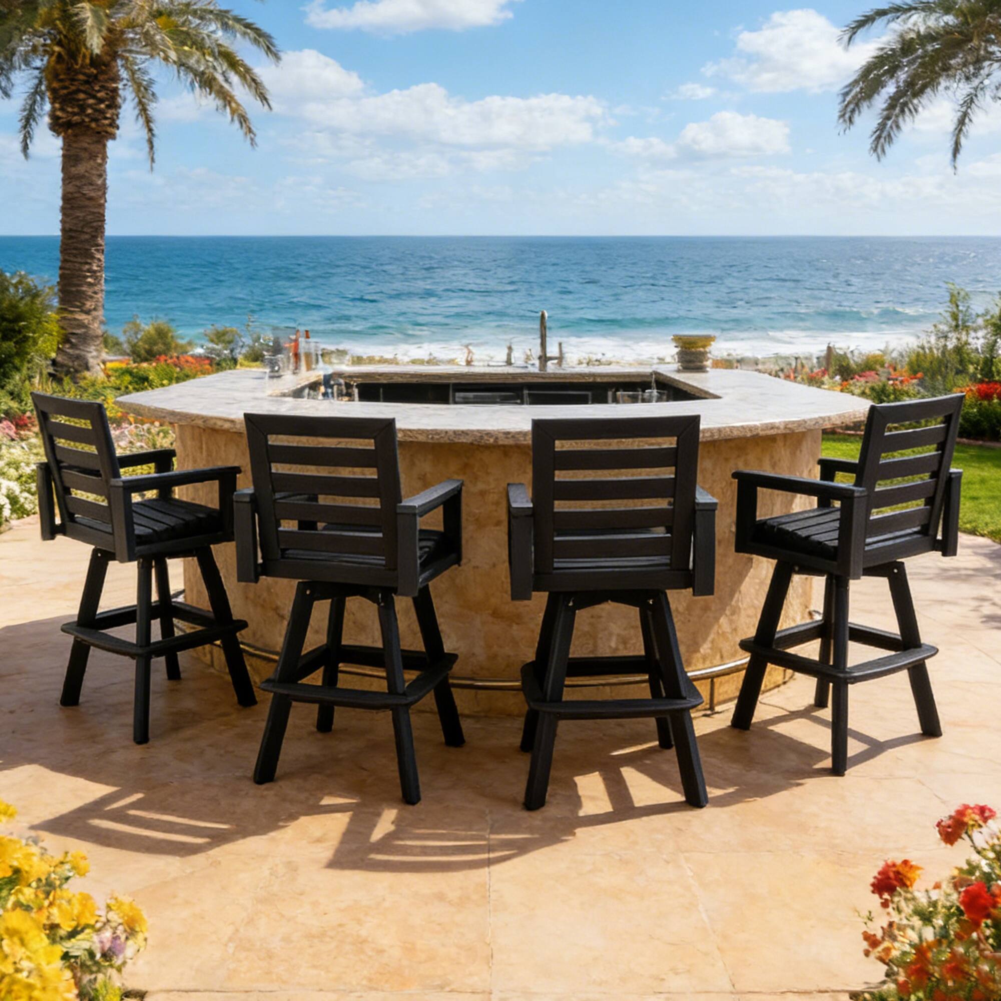 Left. Mondawe - Outdoor 360° Swivel Bar Stool with Ladderback, HDPE Bar Chair - Black.