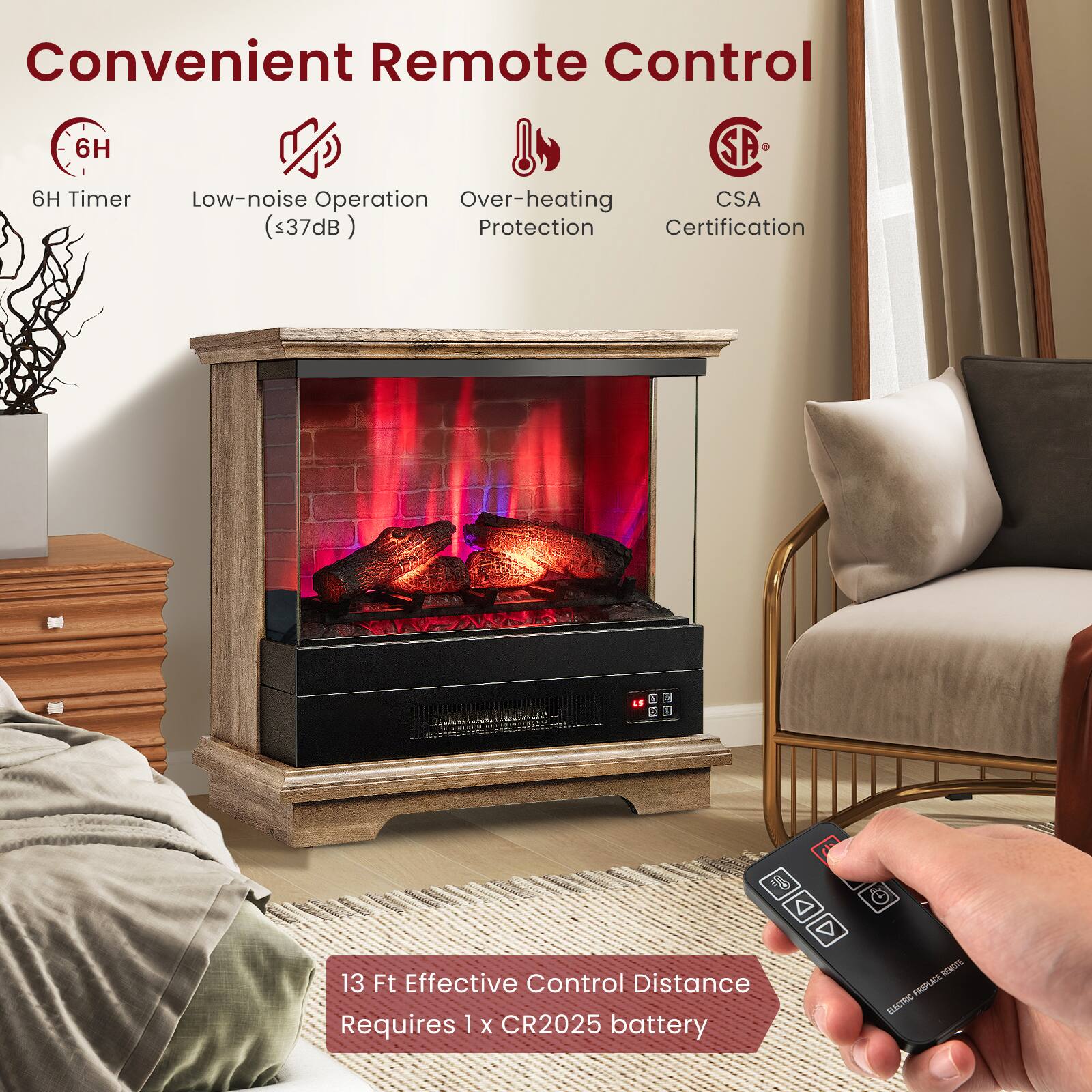 Convenient Remote Control, 6H Timer, Low-noise Operation (≤37dB), Over-heating Protection, CSA Certification, 13 Ft Effective Control Distance, Requires 1 x CR2025 battery