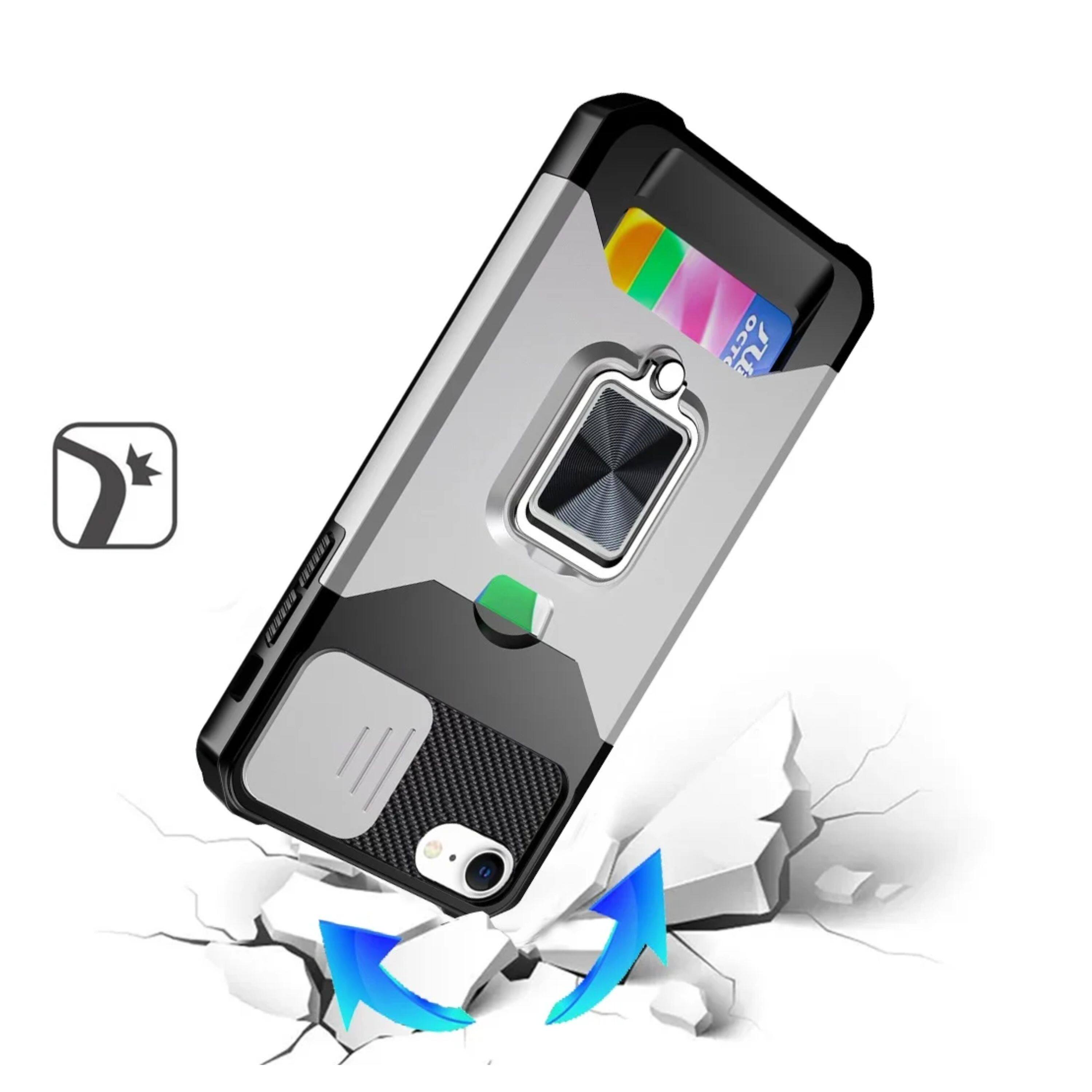 Left. Kitcheniva - Rugged Multi-Use Card Magnetic Ring Stand Cover Phone Case With Tempered Glass For iPhone 16e/17e - Silver.