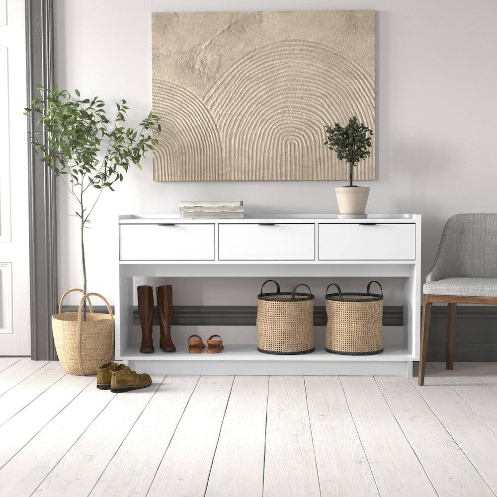 Back. Prepac - Simply Modern Entryway Console Table White Engineered Wood with 3 Drawers - White.
