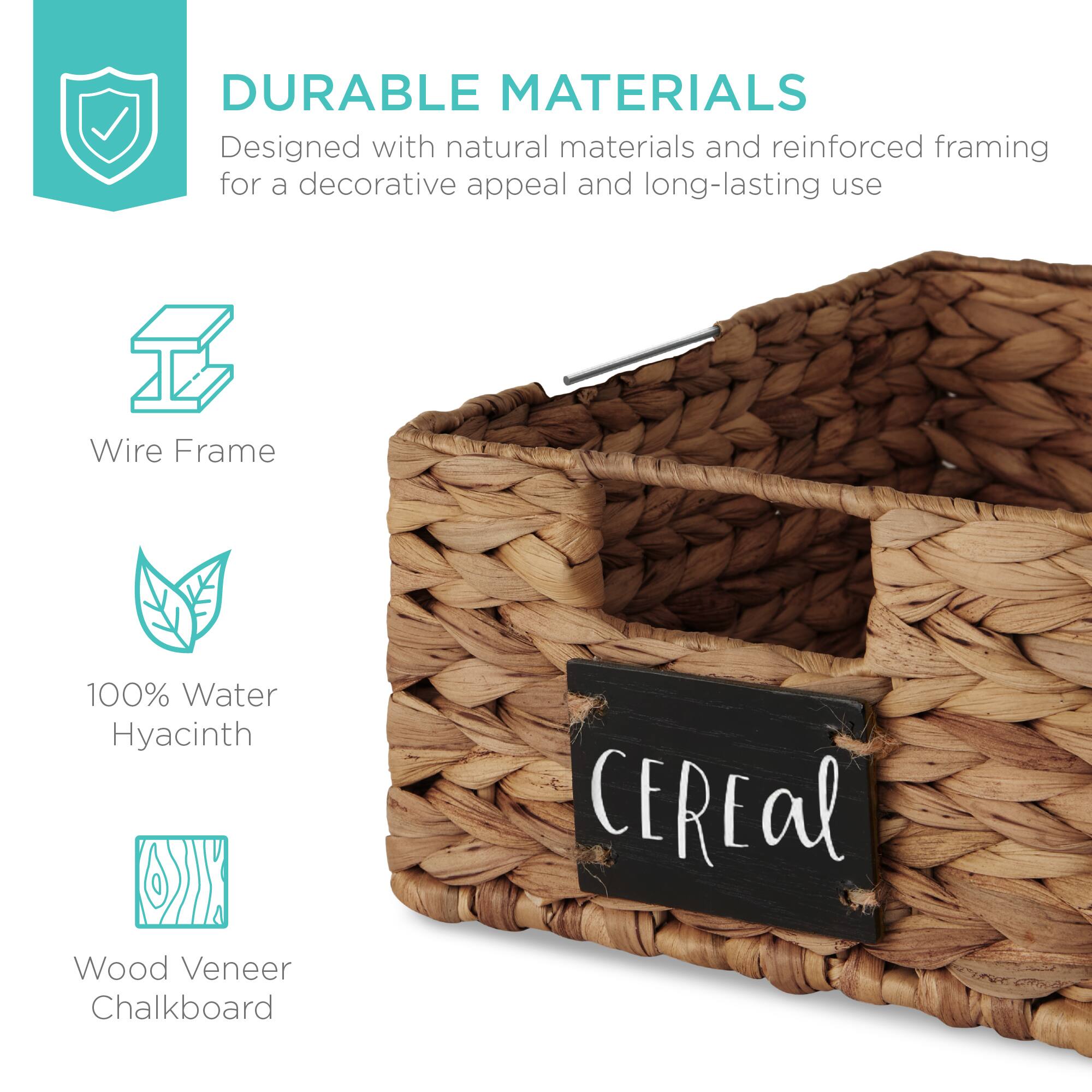 DURABLE MATERIALS  
Designed with natural materials and reinforced framing for a decorative appeal and long-lasting use  

- Wire Frame  
- 100% Water Hyacinth  
- Wood Veneer Chalkboard