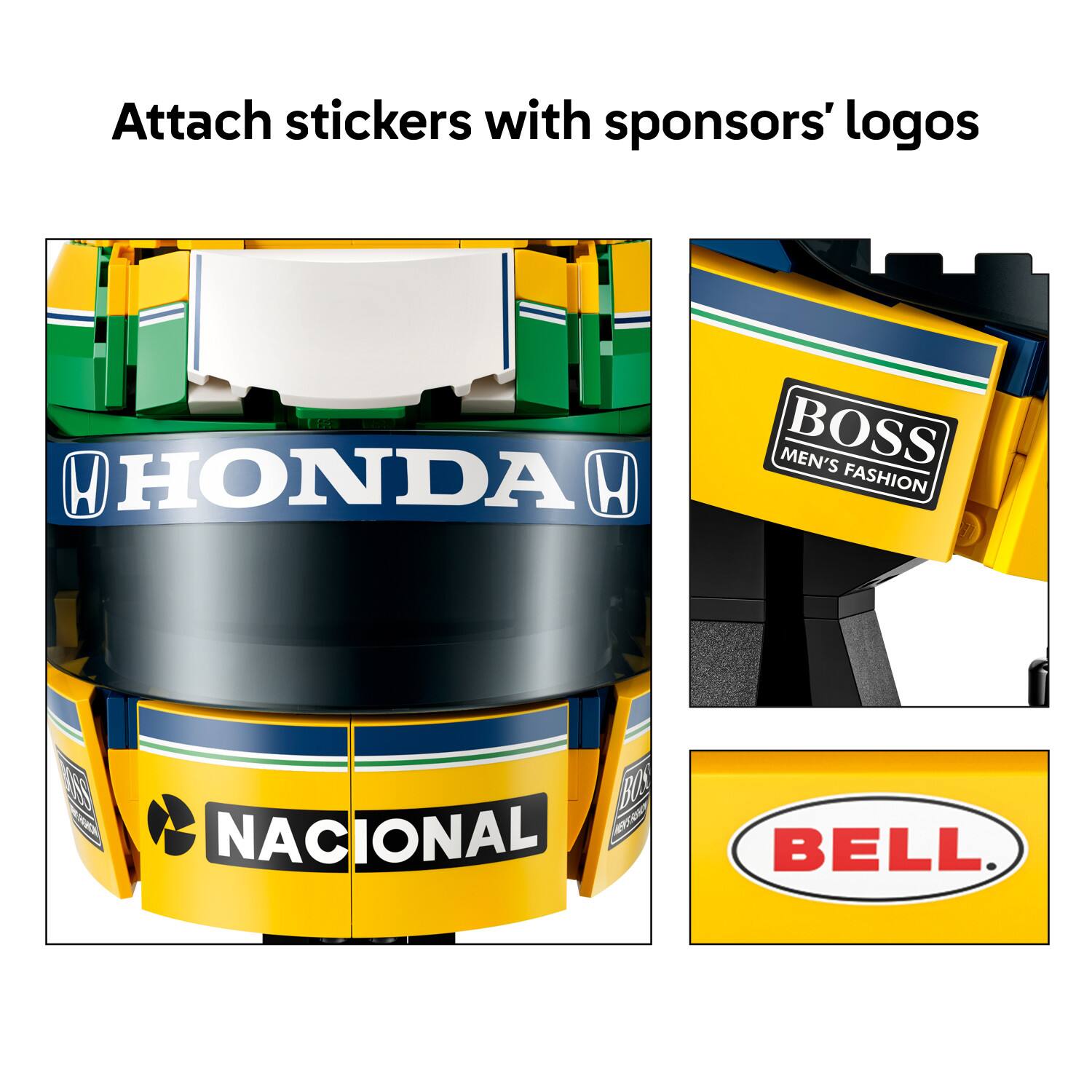 Attach stickers with sponsors' logos

HONDA
BOSS MEN'S FASHION
NACIONAL
BELL.