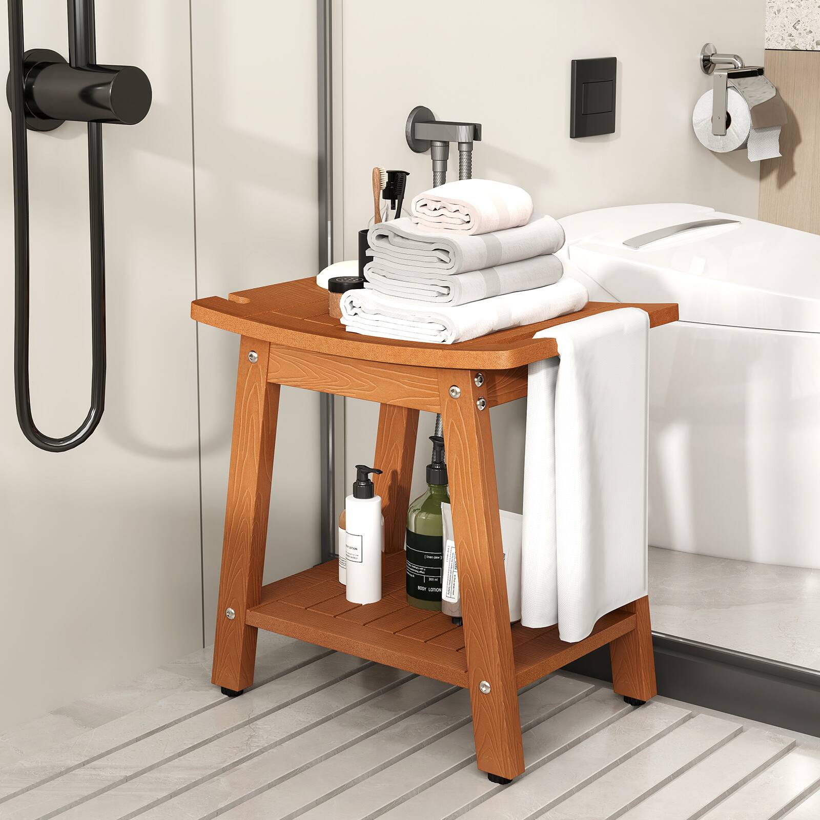 Angle. SlickBlue - Bathroom Shower Bench with Handle and Convenient Shower Head Slot - Brown.