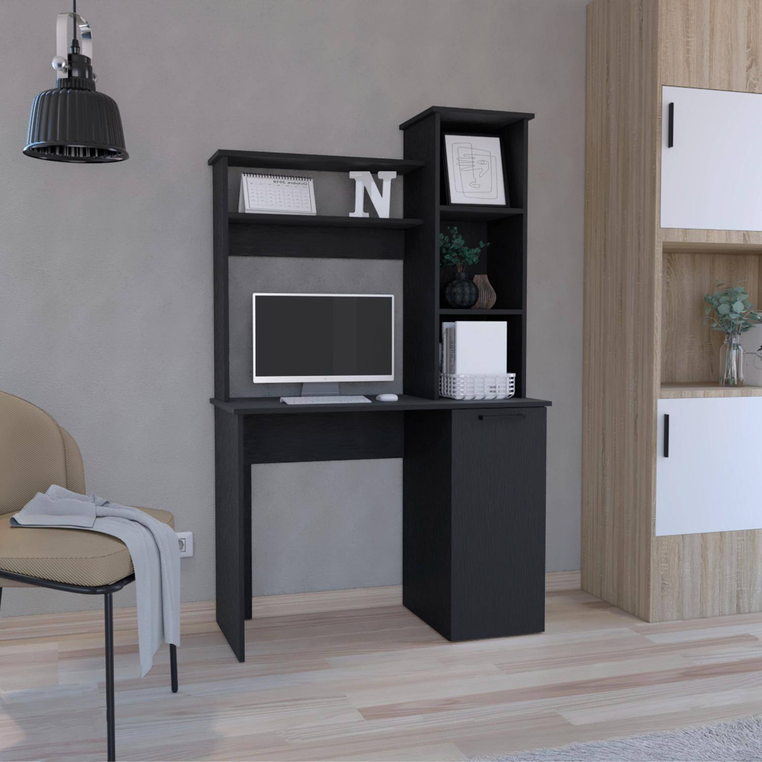 Front. TuHome - Carson Computer Desk With Hutch, Single Door Cabinet, Expansive Work Surface And 3-Tier Storage Shelves - Black.