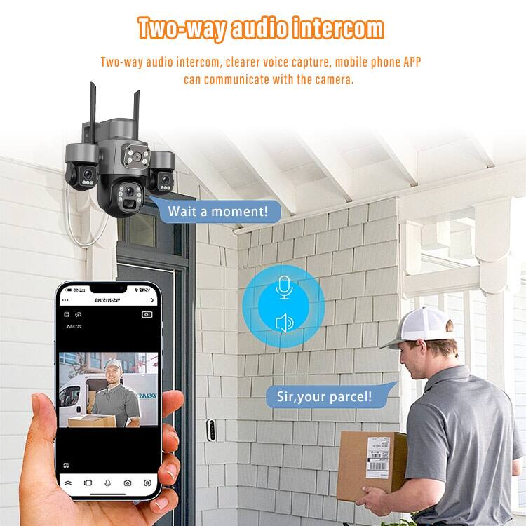 Two-way audio intercom  
Two-way audio intercom, clearer voice capture, mobile phone APP can communicate with the camera.  

Wait a moment!  

Sir, your parcel!