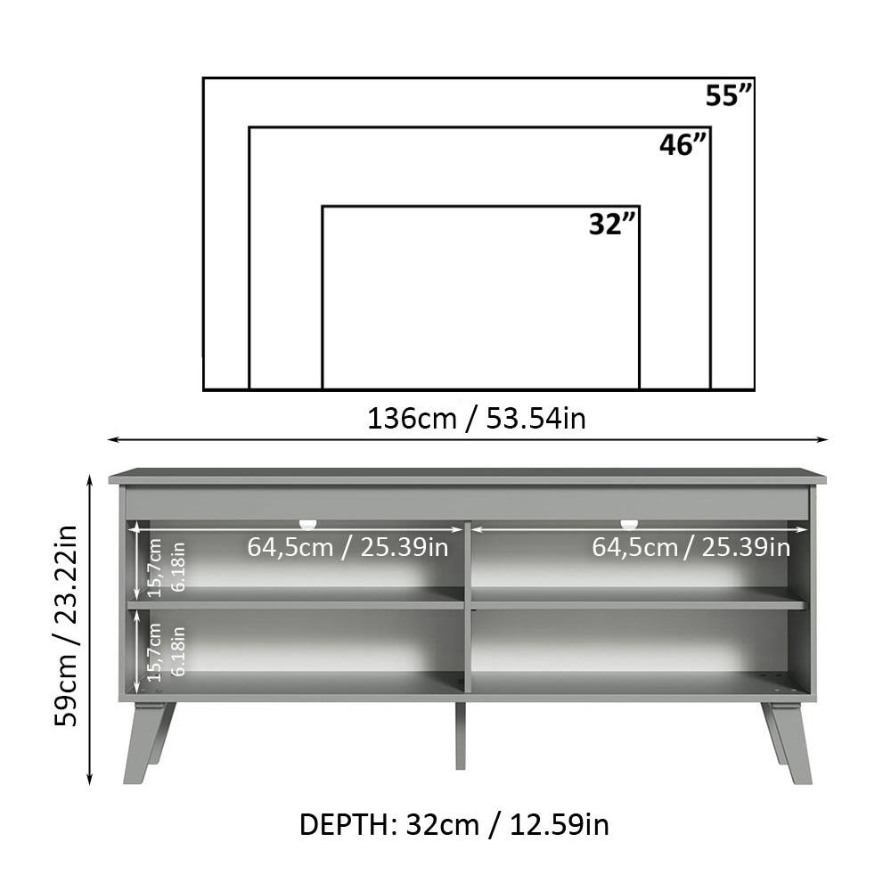 - 55"
- 46"
- 32"
- 136cm / 53.54in
- 64.5cm / 25.39in
- 64.5cm / 25.39in
- 59cm / 23.22in
- 15.7cm / 6.18in
- 15.7cm / 6.18in
- DEPTH: 32cm / 12.59in