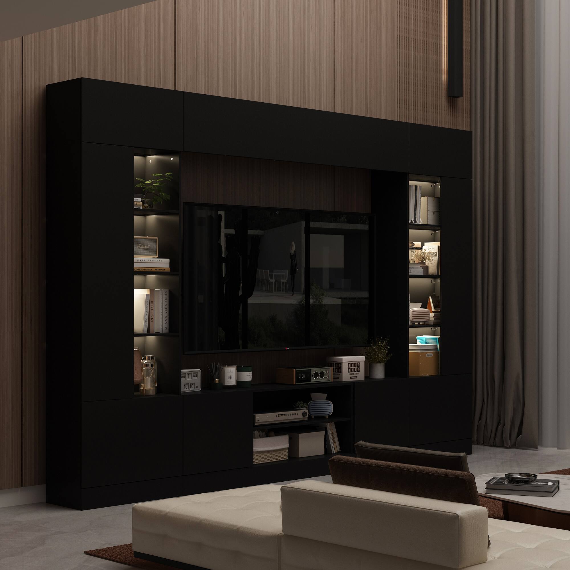 Left. FUFU&GAGA - Entertainment Center with Surround Design for 75 Inch TVs, Media Console Adjustable Lighting, Cable Management - Black.