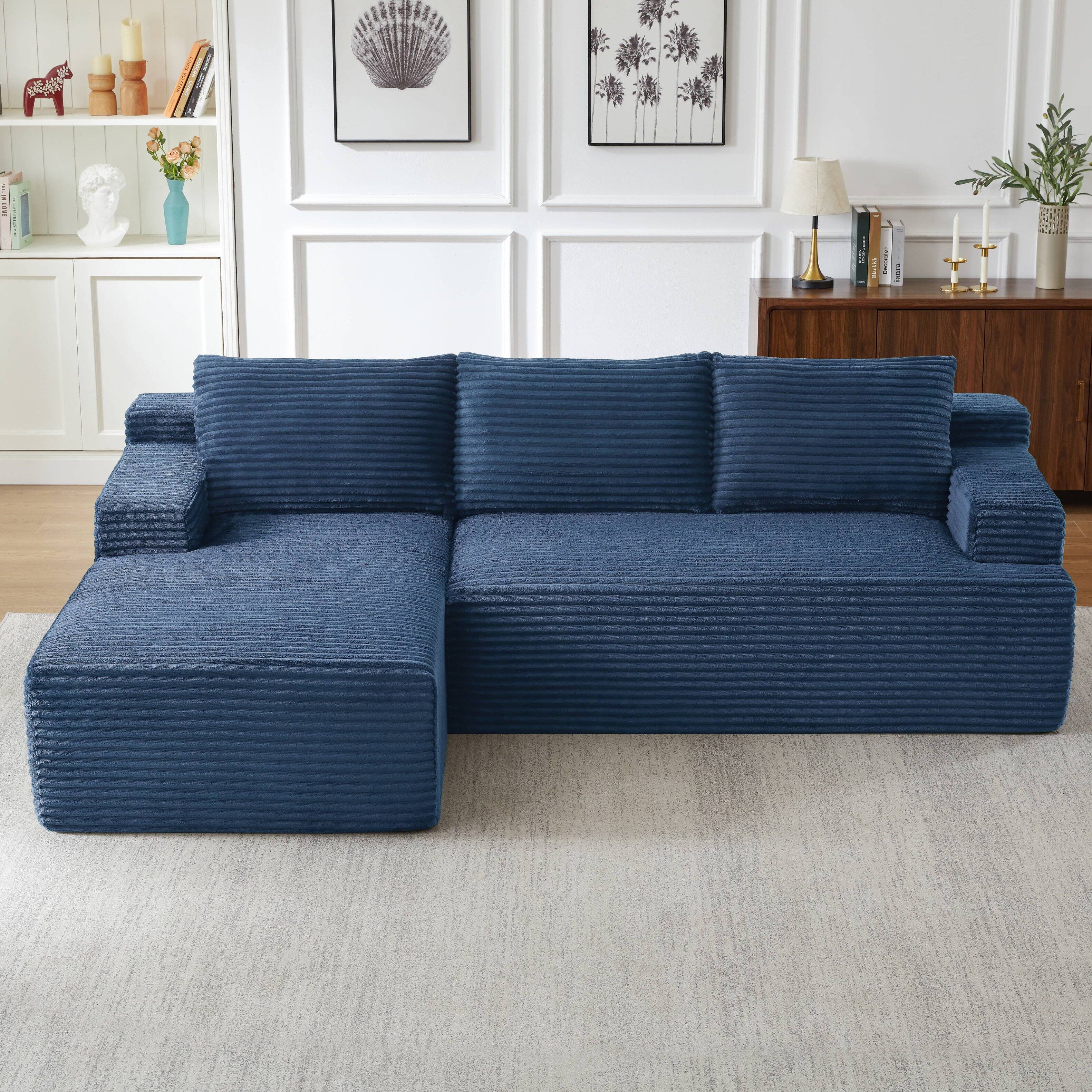 Back. Anysun - L-Shaped Modular Cloud Sectional Sofa with Deep Seat – No Assembly Required, Left Facing - Blue.