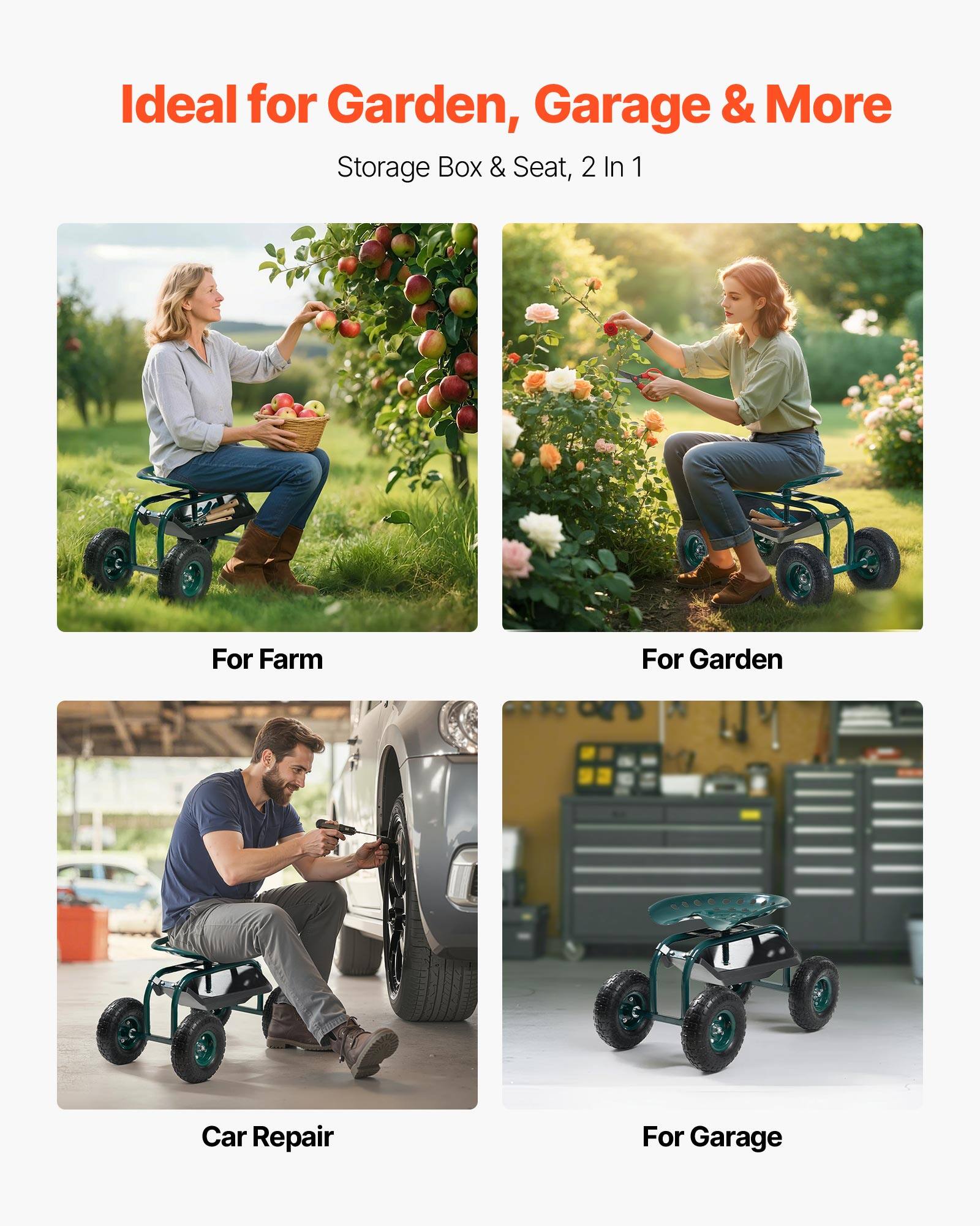 Ideal for Garden, Garage & More
Storage Box & Seat, 2 In 1
For Farm
For Garden
Car Repair
For Garage