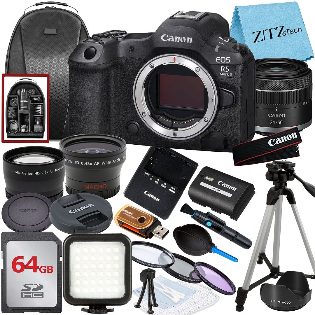 Canon - EOS R5 Mark II Mirrorless Camera with 24-50 Lens + 64GB Card + Flash + ZeeTech Bundle (International Version) - Black