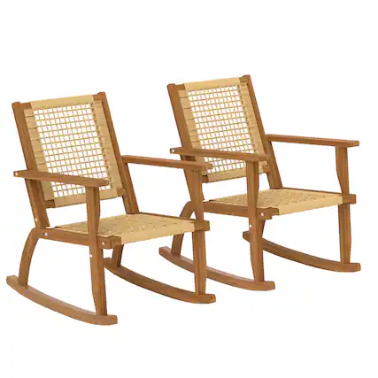 Front. Outsunny - Outdoor Rocking Chair Set of 2, Acacia Wood Outdoor Rockers with Armrests, Rattan Wicker Back and Seat - Khaki.