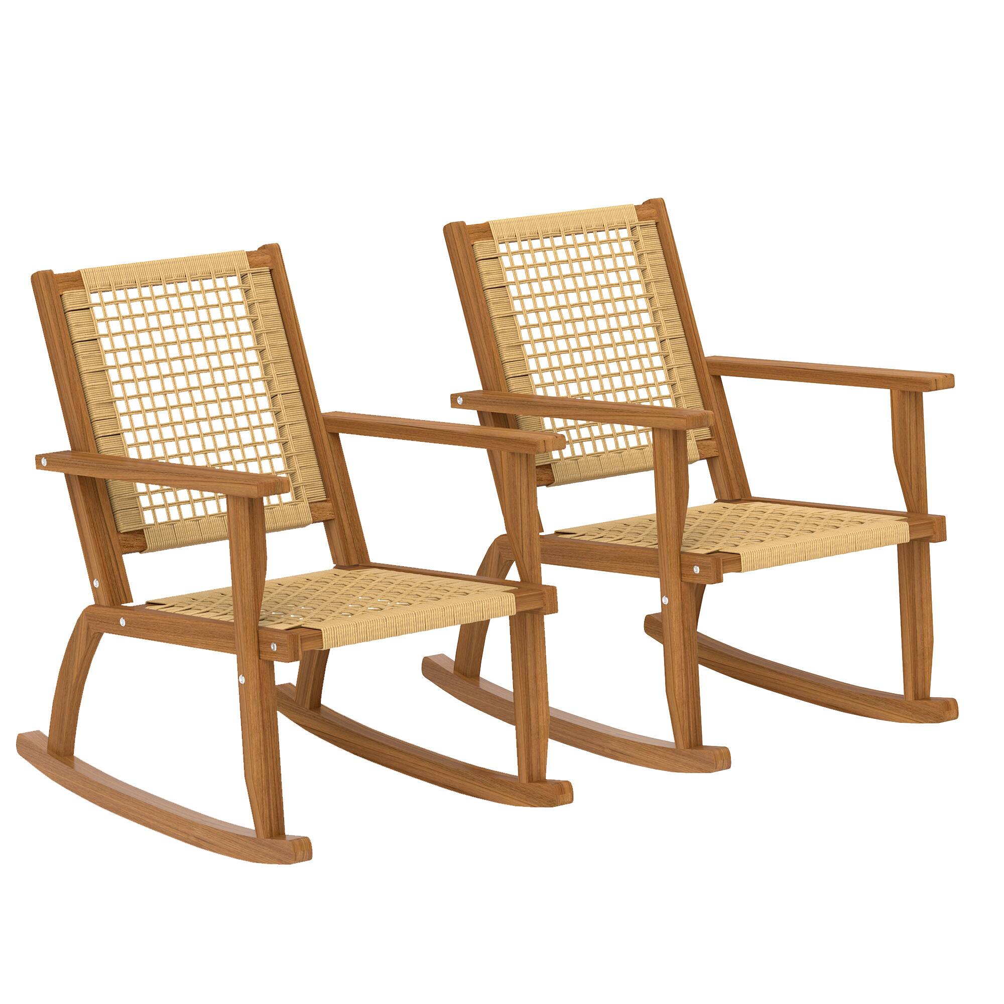 Front. Outsunny - Outdoor Rocking Chair Set of 2, Acacia Wood Outdoor Rockers with Armrests, Rattan Wicker Back and Seat - Khaki.