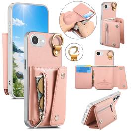 Dteck - PU Leather Zipper Wallet Phone Case for Apple iPhone 17e with Ring Buckle, Shockproof Kickstand Protective Cover - Pink