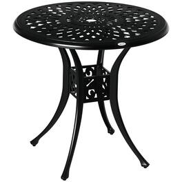 Outsunny - 30" Round Patio Dining Table with Umbrella Hole, Antique Cast Aluminum Outdoor Bistro Table Only - Black