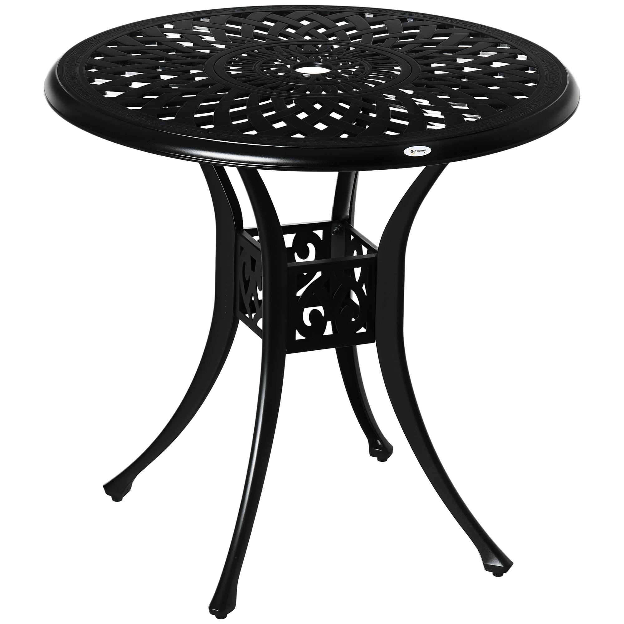 Front. Outsunny - 30" Round Patio Dining Table with Umbrella Hole, Antique Cast Aluminum Outdoor Bistro Table Only - Black.