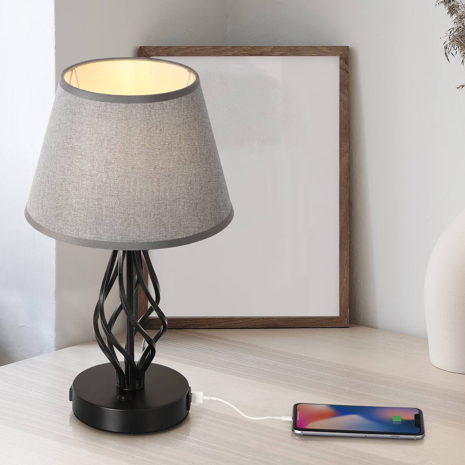 Alt View 1. Oumilen - Twisted Iron Base Table Lamp with USB & AC Ports Grey Shade.