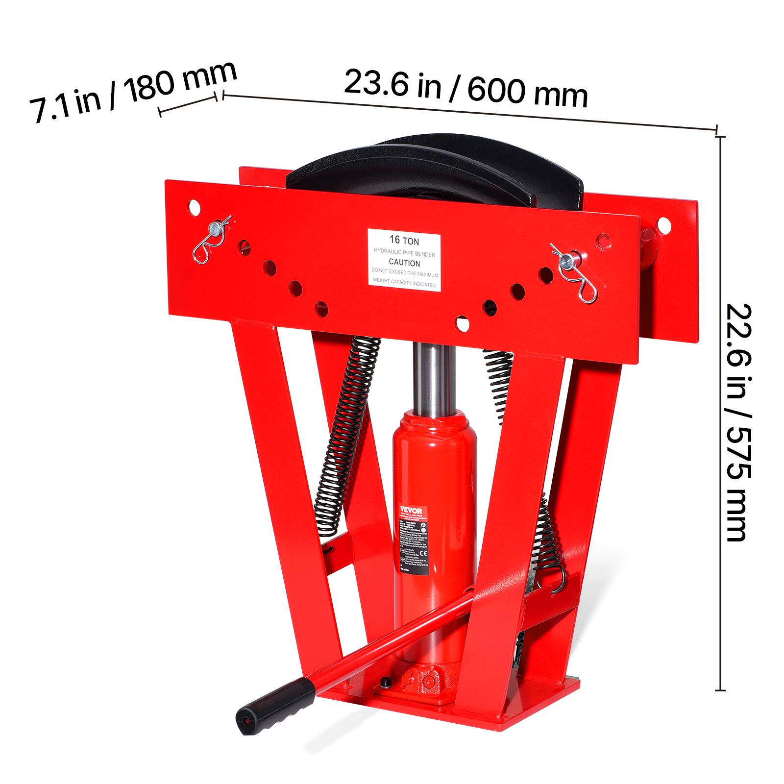 180 mm / 7.1 in  
23.6 in / 600 mm  
22.6 in / 575 mm  

16 TON  
HYDRAULIC PIPE BENDER  
CAUTION  
DO NOT EXCEED THE MAXIMUM  
RECOMMENDED BEND RADIUS  

TEVOR