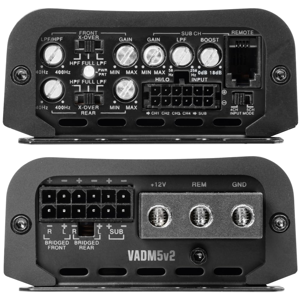 FRONT SUB CH REMOTE LPF/HPF X-OVER GAIN GAIN LPF BOOST HPF FULL LPF PWR 50 250 40Hz 400Hz MIN MAX MIN MAX odB 18dB PRT Hz Hz HI/LO INPUT HPF FULL LPF . + + a . . a e 40Hz 400Hz X-OVER REAR MIN MAX I CH1 CH2 CH4 SUB 4CH SCH INPUT MODE - + 12V REM GND - 2 9 = E 2 C 2 R + SUB BRIDGED BRIDGED FRONT REAR VADM5v2