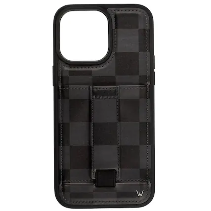 Front. Walli Cases - Midnight Check Phone Case with Wallet and Finger Strap for iPhone 16 Pro - Midnight Check.