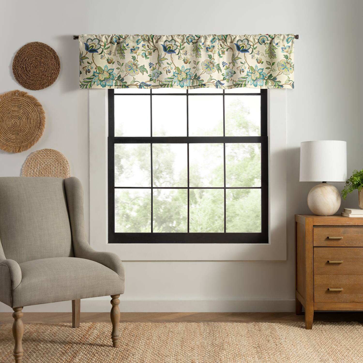 Angle. Ellis Curtain - ELLIS 100% Polyester Brissac Rod Pocket Tailored Colrful Jacobean Pattern Valance 70" x 15" Blue - Blue.